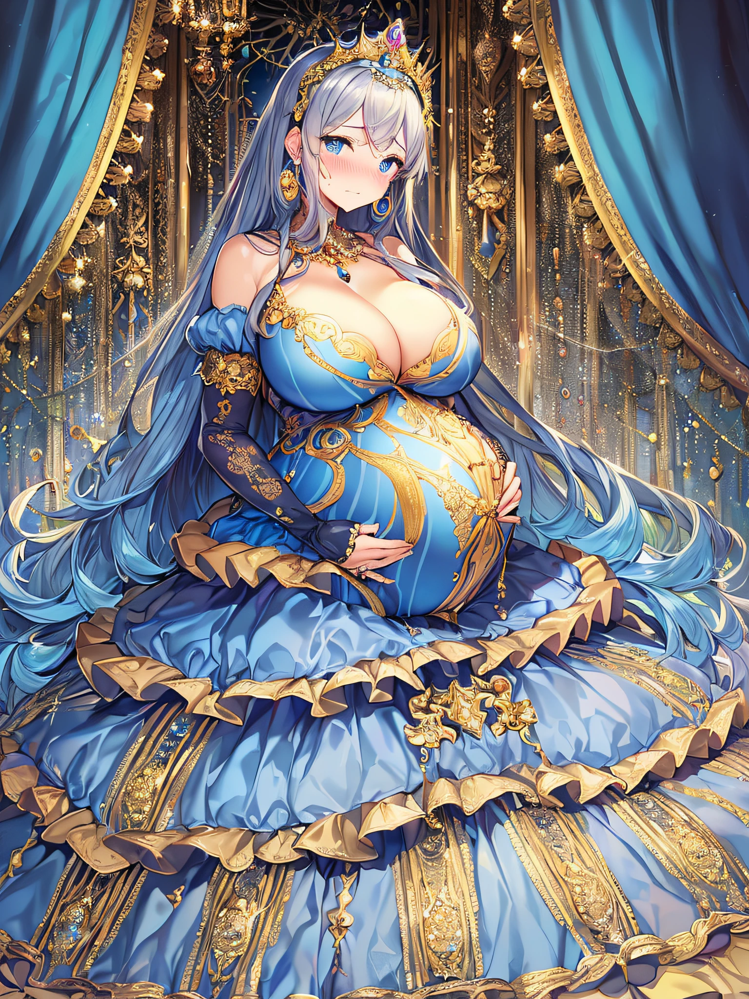 ((anime artstyle)),(Masterpiece),(Best Quality), (Super Detail),((Very Delicate and Beautiful)),(((Solo))),((full body)),(((1 bling-bling pregnant princess in beautiful embroidery and jeweled gorgeous rococo ball gown dress with voluminous full length hoop skirt))),((heavily pregnant)),very big pregnant belly,((royal bedroom)),((bling-bling)),Long train,(bling-bling gorgeous gemstone jewelry),detailed face and eyes,jewel-like eyes,cry,((embarrassed)),((large amount of straight hair,extremely voluminous Very Long Hair,Very Long Straight Hair)),(((gigantic tits,Long tits))),cleavage,(gorgeousfull embroidery and lace),gorgeous corsage,See-through,extremely gorgeousfull hair ornament,((bling-bling extremely gorgeousfull jeweled tiara)),ornate ruffles,(hoop skirt,crinoline),((Dynamic Angle)),Looking at viewer,((full body)),((beautiful embroidery and jeweled extremely gorgeous rococo ball gown dress with voluminous full length hoop skirt))