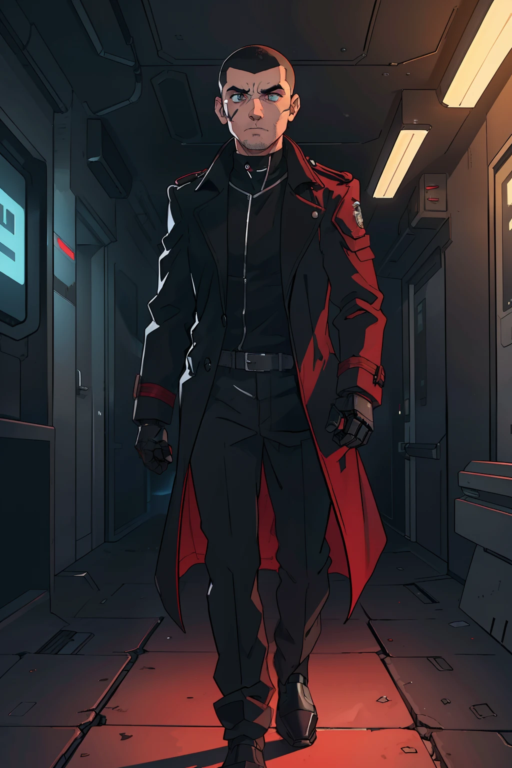 stern, serious handsome mature man with a scar on his face and black short, buzz cut hair and stubble - wearing a black and red sci-fi cyberpunk trench coat and armor underneath with a robot hand walking through a bright, clean sci-fi corridor