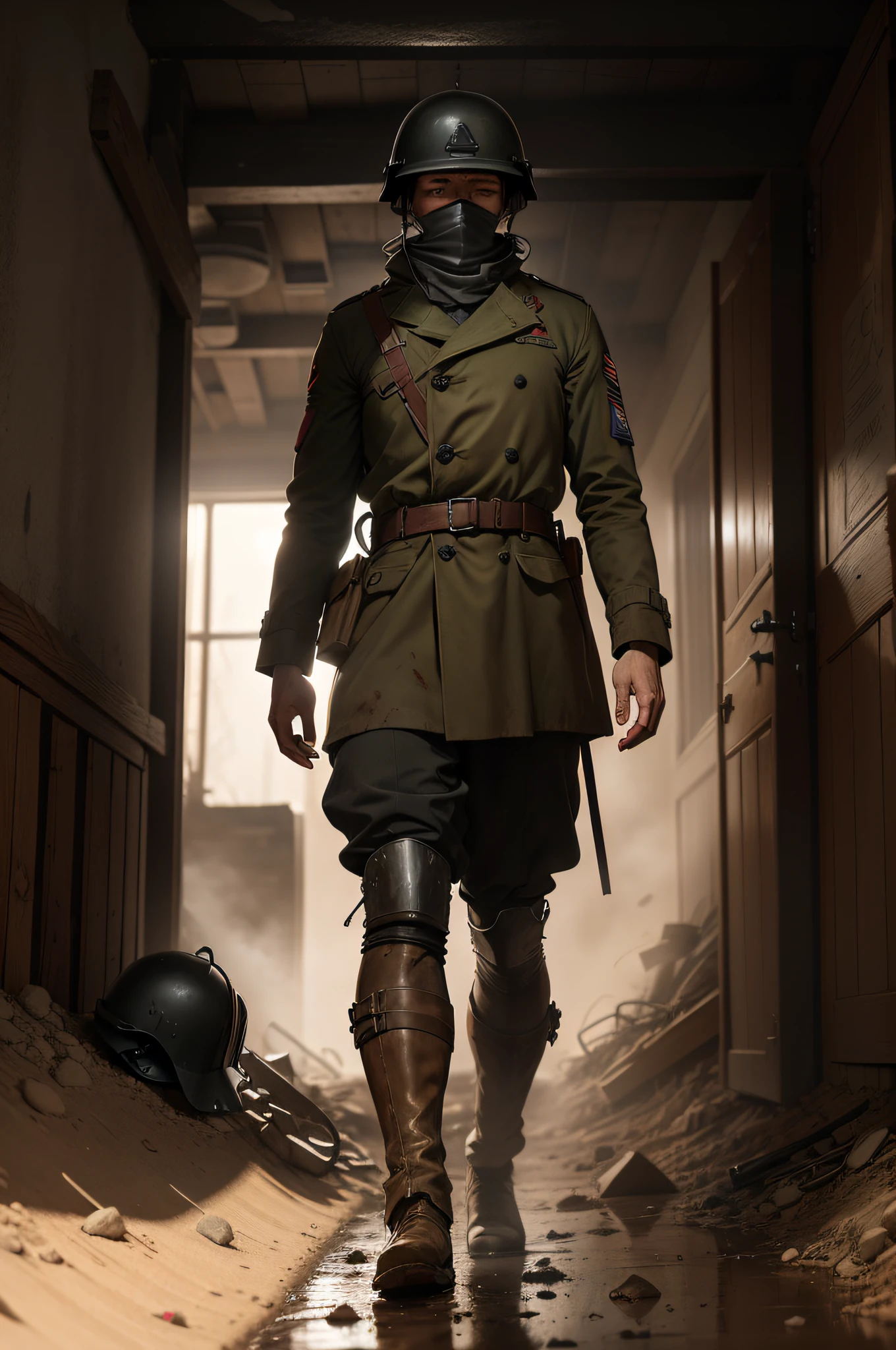 In the heart of the French countryside, a harrowing scene unfolds – a grim testament to the brutality of World War I. The trench stretches like a scar across the landscape, its walls muddied and pockmarked with the relentless barrage of artillery fire. The air is heavy with the acrid scent of gunpowder and damp earth, mingling with the metallic tang of blood and sweat.
As you peer into the trench, the walls seem to close in, casting long shadows that conceal pockets of darkness. A flickering lantern dangles from a makeshift hook, casting a feeble glow that barely penetrates the gloom. The walls are lined with soldiers huddled in the murk, their faces etched with weariness and the weight of unfathomable experiences.
Muddy water seeps along the trench floor, mixing with discarded helmets, shattered weapons, and remnants of shredded uniforms. Wooden planks and sandbags form a precarious path, guiding soldiers through the labyrinthine network of passageways. The sound of dripping water is an incessant backdrop, a constant reminder of the ceaseless battle against the elements.
Above, the sky is a canvas of smoke and stars, a stark contrast to the turmoil below. The distant rumble of artillery and the occasional flare casting an eerie light serve as grim reminders of the constant threat that looms over this desolate theater of war. The trench's edge is punctuated by hastily dug foxholes, offering brief moments of respite from the ever-present danger.
Amid the grimness, moments of camaraderie emerge. Soldiers share rations and whispered stories, finding solace in each other's company amidst the chaos. Tattered photographs and letters from loved ones adorn the trench walls, offering fleeting glimpses of a world beyond the horrors of war.
This trench, a crucible of pain and sacrifice, stands as a somber monument to the resilience of humanity in the face of unimaginable adversity. The soil is forever stained with the memories of those who fought