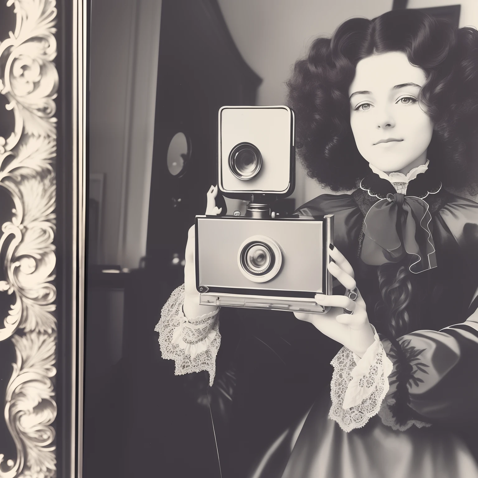 woman with Taking selfie in mirror with camera, 1880s, vintage, Victorian era clothing, curly hair, Caucasian. Vintage, black and white image, vintage selfie, 1880s.