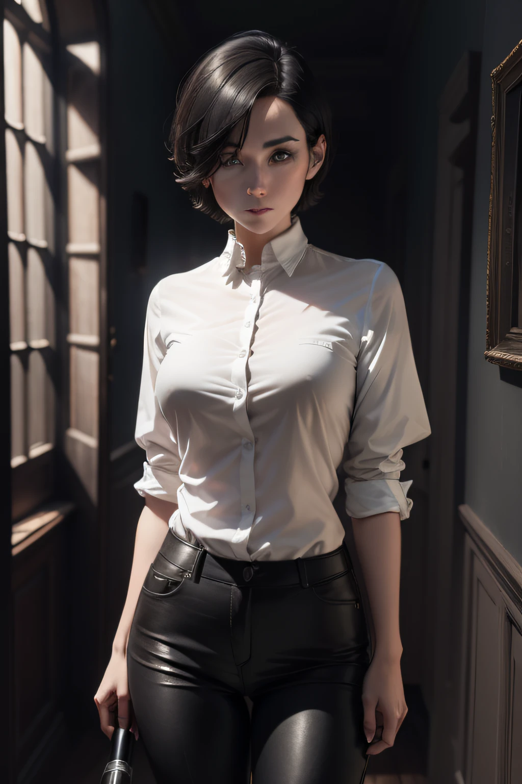 woman with short hair white skin black black pants and white shirt long in haunted mansion at night investigating with flashlight in hand