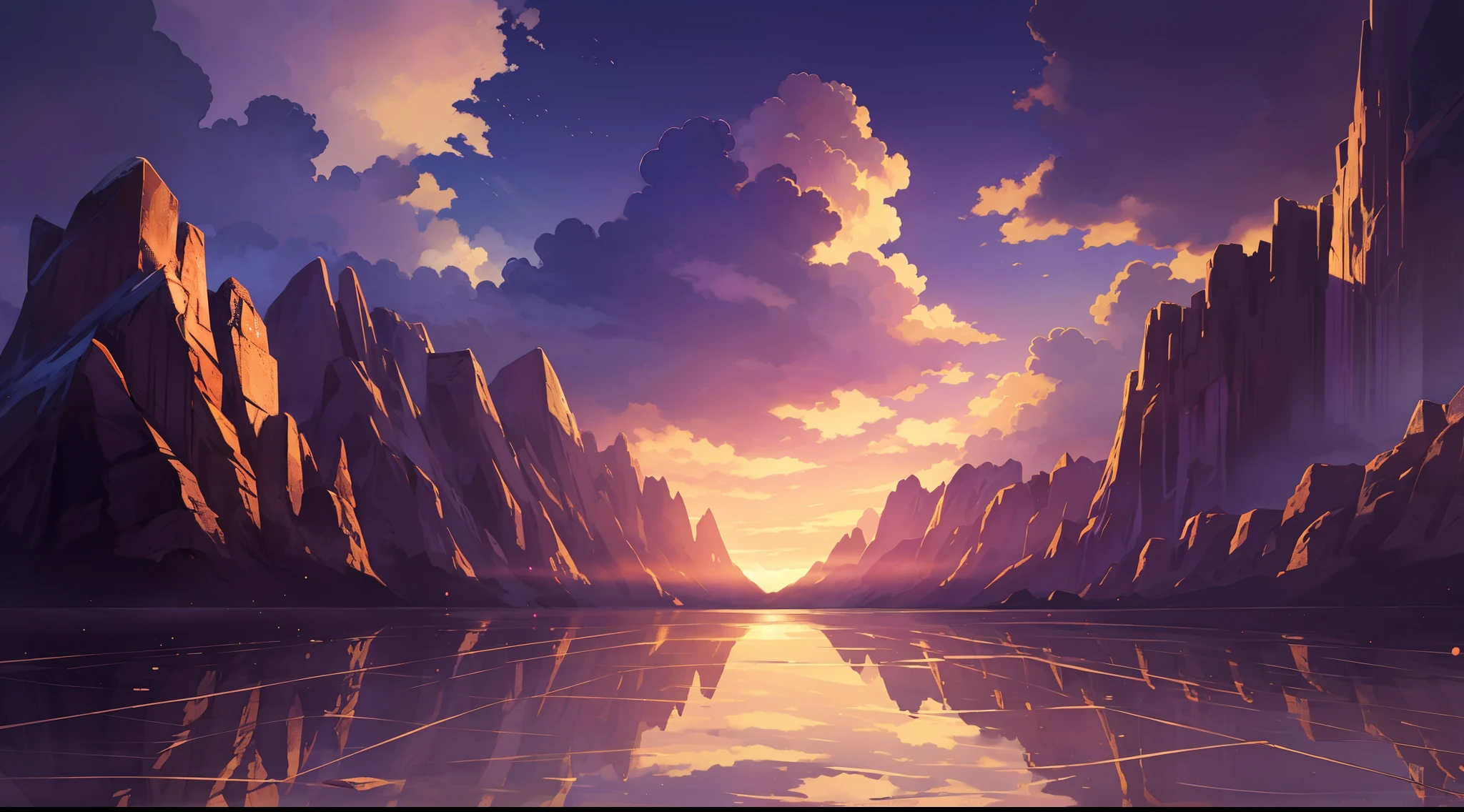 A vast world of deep purple，uni，Crystal clear crystal covered with purple，empty of people，Behind the purple clouds on the edge of the sky is a faint golden sunlight
