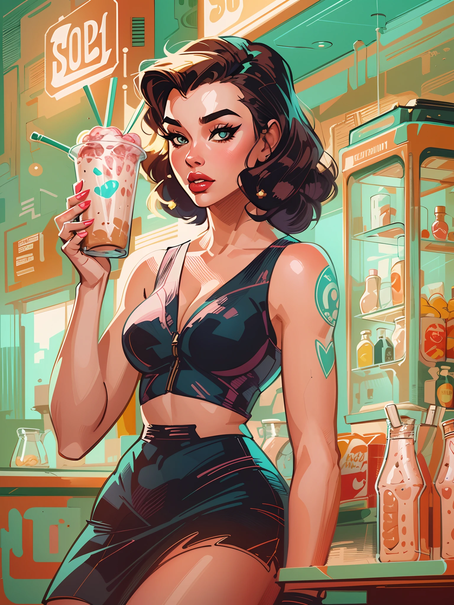 Young girl, 40s fashion appearance, in style of digital illustration, pinup art, lois van rossdraws, artstyle : ilya kuvshinov, deviantart artstation cgscosiety, stunning digital illustration, soda themed girl, beautiful retro art, jen bartel, milkshake, matte digital illustration, glossy digital painting