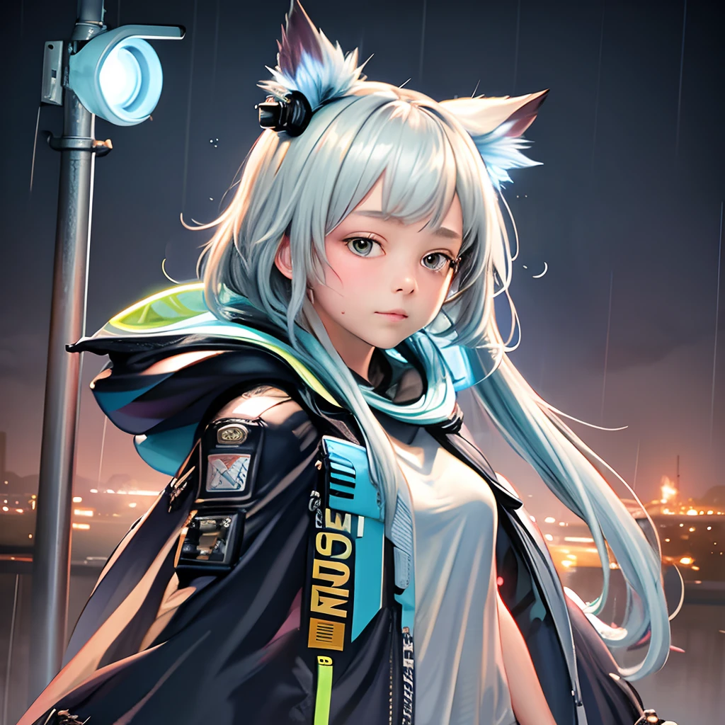 1girl, jacket, rain, city, neon lights, cloudy sky, night, light reflection,realistic