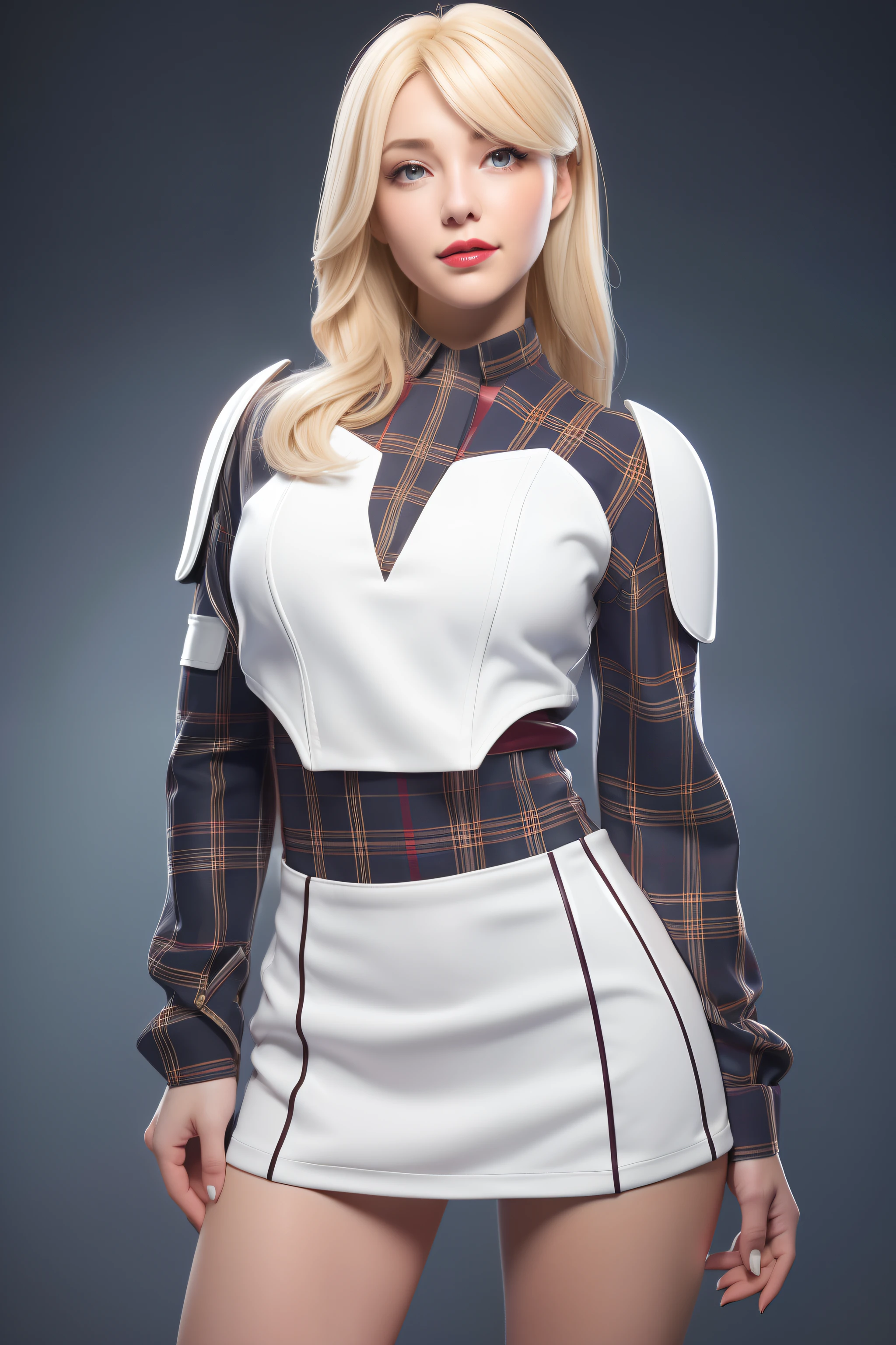 Beautiful Face Woman、a blond、white backgrounid、 Beautuful Women、18year old、prety woman、hyper realistic photography、High-definition photos、red lipsticks、Mandalorian style mini skirt suit in metal armor、The skin is not very exposed、Do not cut your head off the screen、Tartan check、White the、Facing the front