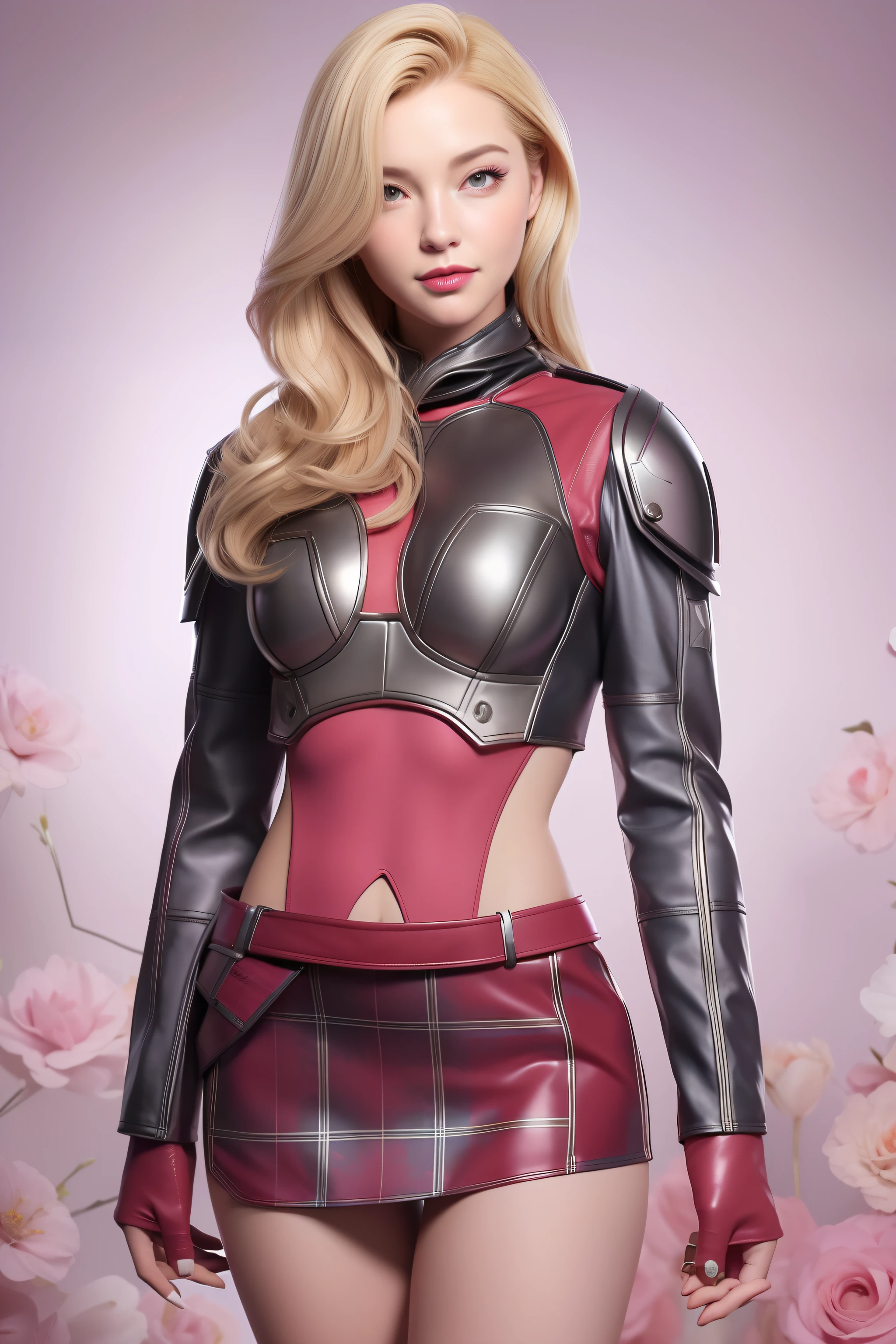 Beautiful Face Woman、a blond、Floral background、 Beautuful Women、18year old、prety woman、hyper realistic photography、High-definition photos、red lipsticks、Mandalorian style miniskirt suit in metal armor、The skin is not very exposed、Do not cut your head off the screen、Tartan check、pink there、Facing the front