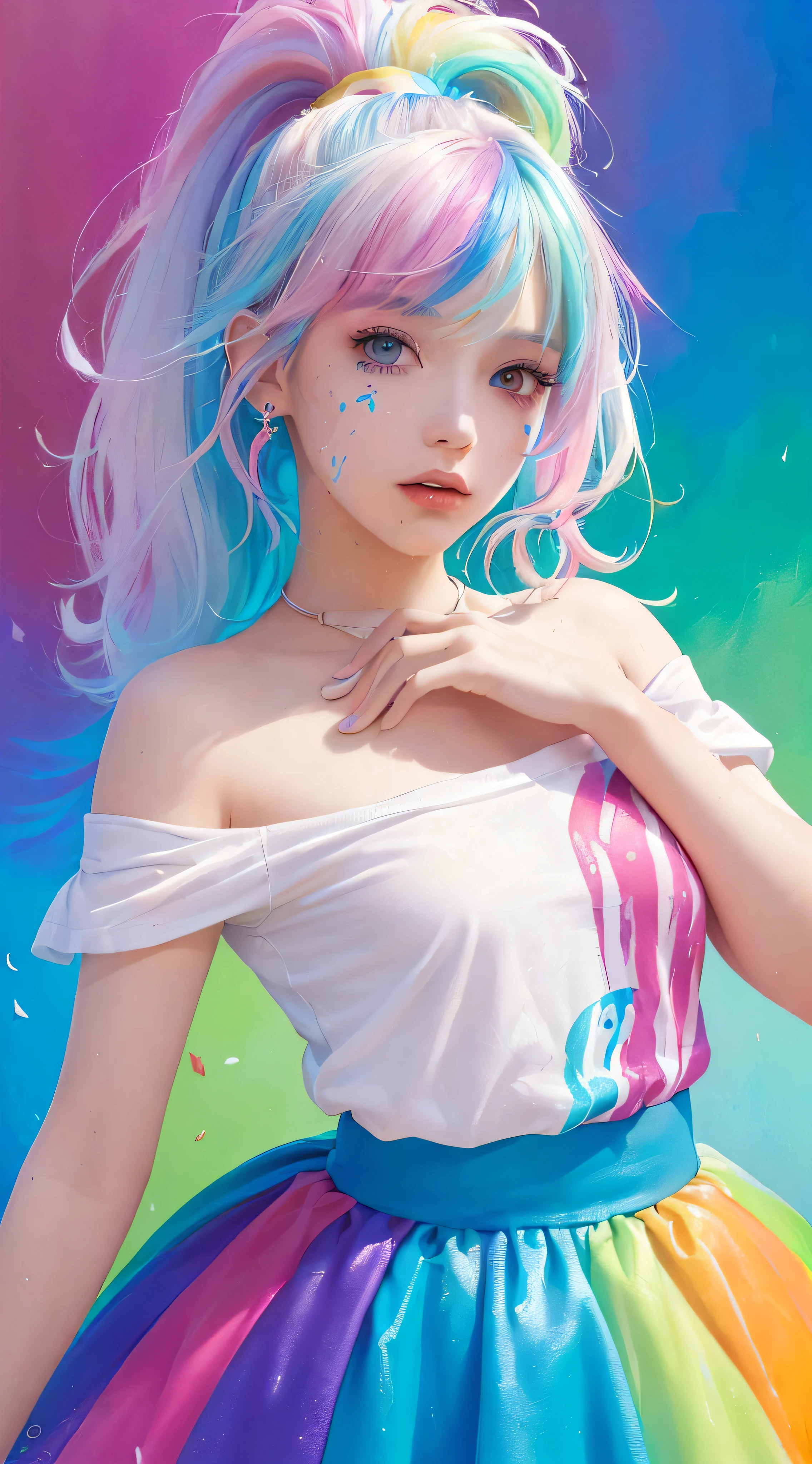 (Pink Fashion T-shirt:1.9),(Colorful hair: 1.8), (all the colours of the rainbow: 1.8),(((((vertical painting:1.6))), (painting:1.6),front, comics, illustrations, paintings, large eyes, crystal clear eyes,( rainbow color gradient high ponytail:1.7), exquisite makeup, closed mouth,(Small Fresh: 1.5),(Wipe Chest: 1.6) ,long eyelashes, white off shoulder T-shirt, White Shoulder Shirt,looking at the audience, large watery eyes, (rainbow colored hair:1.6), color splash, (solo:1.8), color splash, color explosion, thick paint style, messy lines, ((shining)),(colorful), (colorful), (colorful), colorful, Thick Paint Style, (Splash) (Color Splash), Vertical Painting, Upper Body, Paint Splash, Acrylic Pigment, Gradient, Paint, Highest Image Quality, Highest Quality, Masterpiece, Solo, Depth of Field, Face Paint, colorful clothes, (Elegant: 1.2), gorgeous,long hair, wind, (Elegant: 1.3), (Petals: 1.4),(((masterpiece))),(((best quality))),((ultra-detailed)),(illustration),(dynamic angle),((floating)),(paint),((disheveled hair)),(solo),(1girl) , (((detailed anima face))),((beautiful detailed face)),collar,bare shoulders,white hair, ((colorful hair)),((streaked hair)),beautiful detailed eyes,(Gradient color eyes),(((colorful eyes))),(((colorful background))),(((high saturation))),(((surrounded by colorful splashes))),