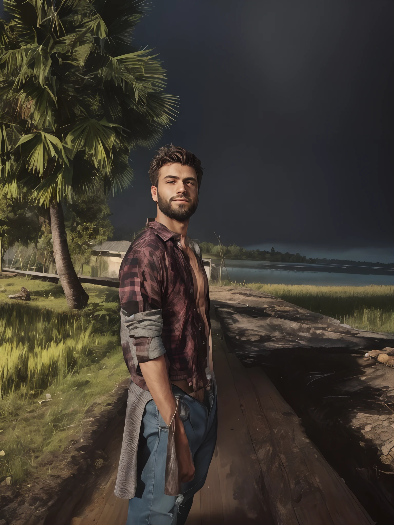 topless male, solo, (young), semi-realistic illustration of a lumberjack, dark skin, sweat, beard, body hair, open shirt, jeans, flannel shirt, masterpiece, best quality, highres, medium full shot, looking at viewer, by chunie and Taran Fiddler