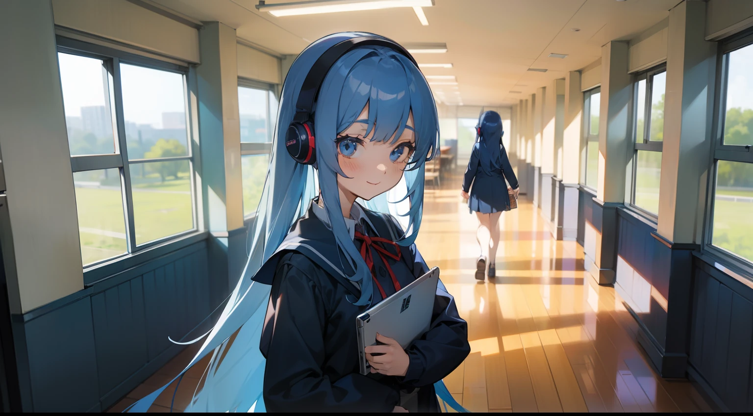 Schools、Classroom、Large area、Anime girl using laptop((You're using a laptop))、20yr old、Upper body, mid-shot,(front facing)、 femele, Detailed eyes, ((Beautiful woman walking in the hallway)),Semi-long hair, Blue hair,poneyTail、 Bangs,Dark blue uniform、Red ribbons、pleatedskirt、headphones、Long sleeves,、frontage、 A slight smil、A smile