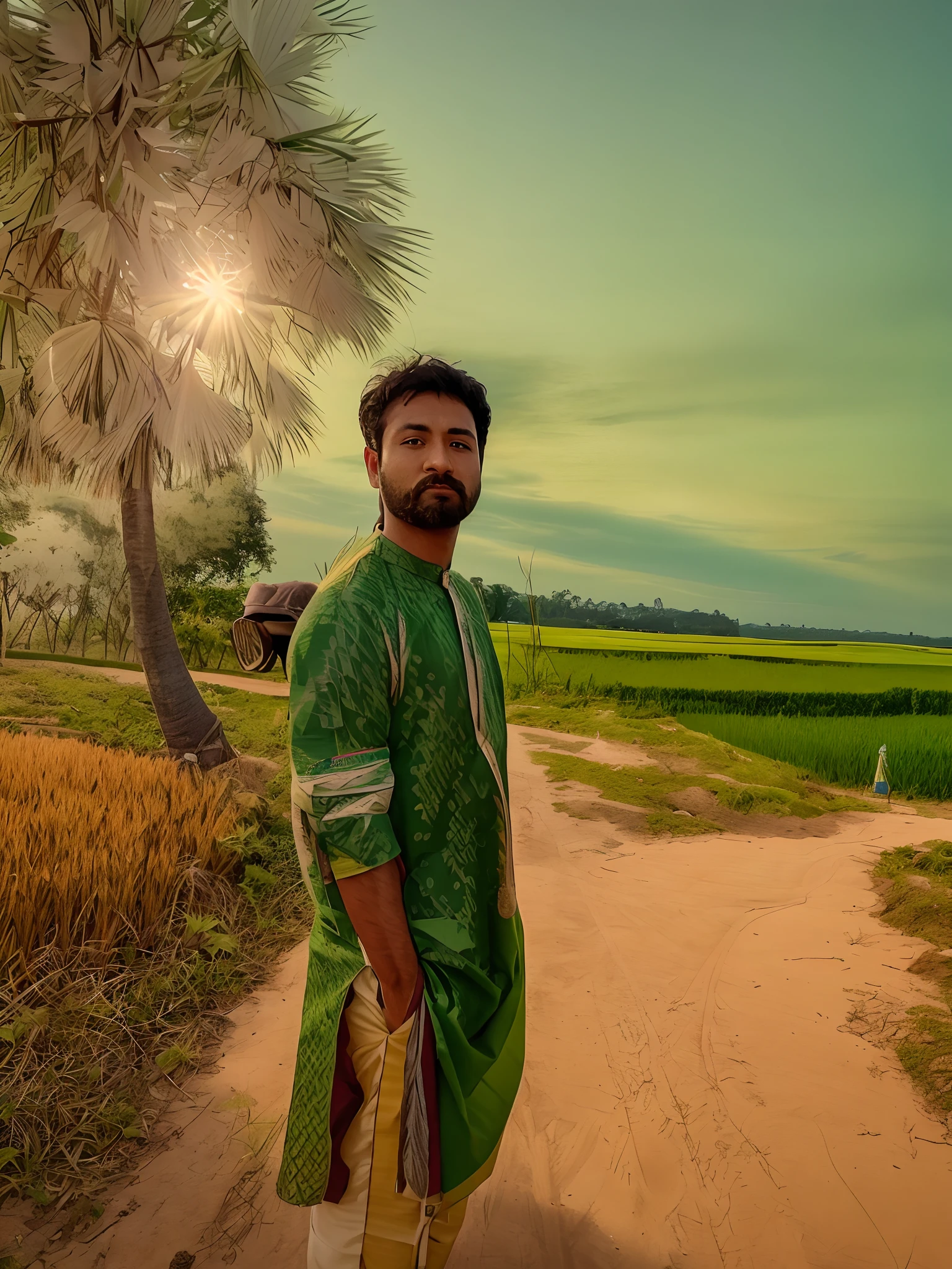 arafed man standing on a dirt road in a green field, wearing bihu dress mekhela sador, shot on nikon z9, wearing a kurta, assamese aesthetic, single bangla farmer fighting, during sunset, shot on sony a 7 iii, shot on canon eos r5, shot on canon eos r 5, in a open green field