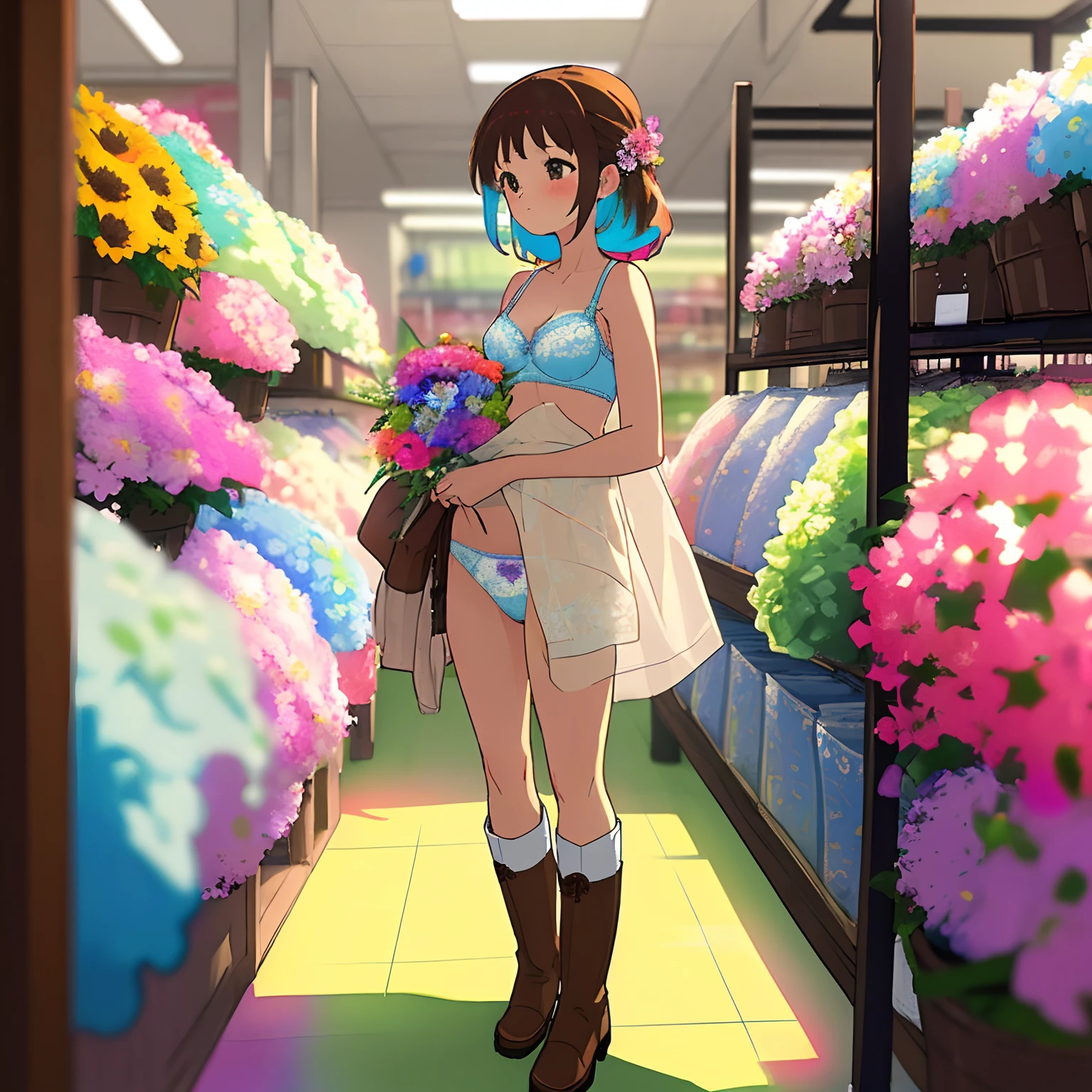 (masterpiece, best quality), (colorful:1.4), solo, 1girl standing in a store with lots of flower bouquets, white bra, blue patterned panties, brown boots, white colored socks, depth of field