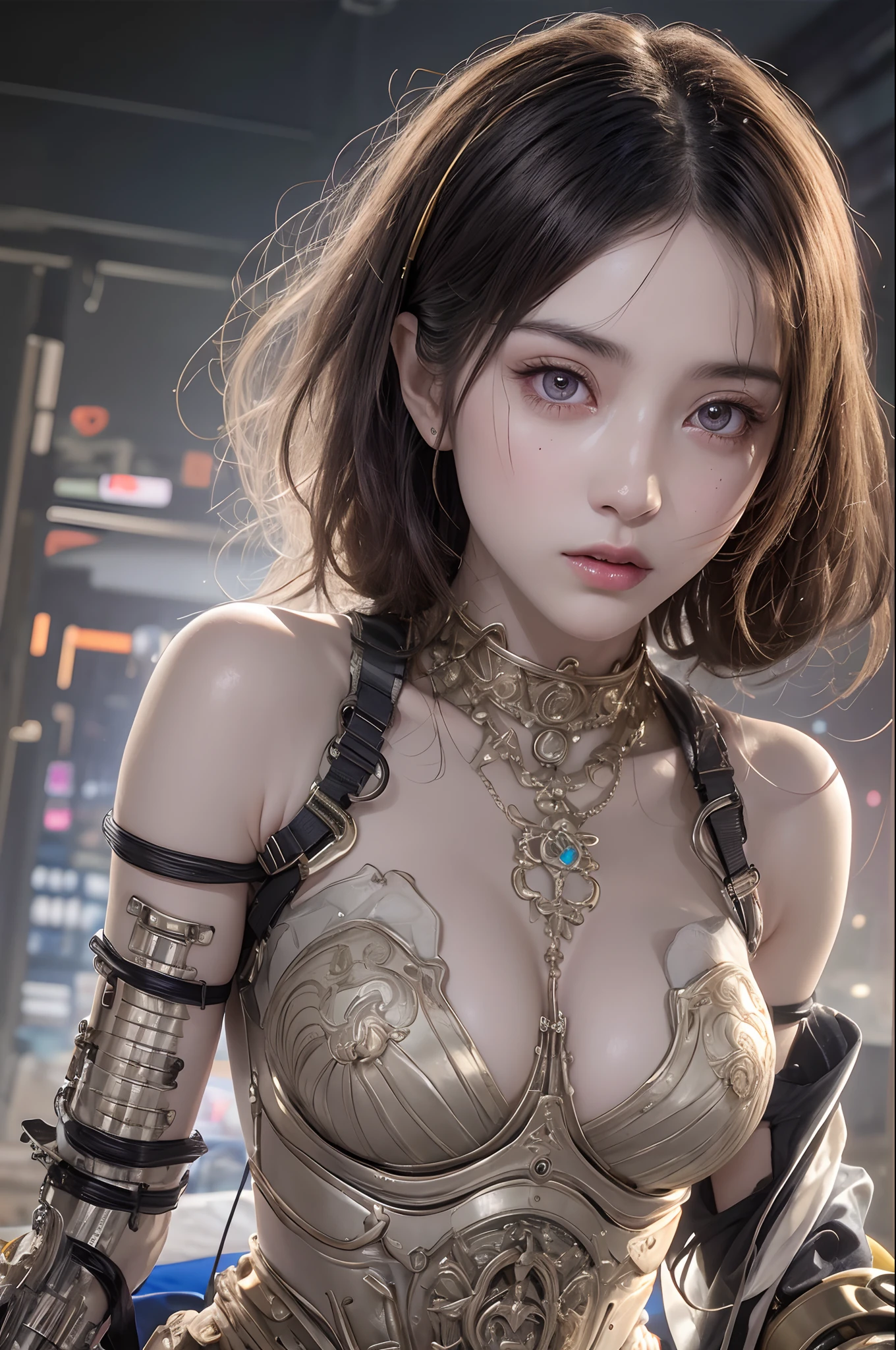 Top Quality, Masterpiece, Ultra High Resolution, (Photorealistic: 1.4), Raw Photo, 1 Girl, Black Hair, Glossy Skin, 1 Mechanical Girl, (Ultra Realistic Detail)), Portrait, Global Illumination, Shadows, Octane Rendering, 8K, Ultra Sharp, Big, Cleavage Exposed Raw Skin, Metal, Intricate Ornament Details, Japan Details, Very intricate details, realistic light, CGSoation trend, purple eyes, glowing eyes, facing the camera, neon details, mechanical limbs, blood vessels connected to the tube, mechanical vertebrae attached to the back, mechanical cervical attachment to the neck, sitting, wires and cables connecting to the head, gundam, small LED lamps,