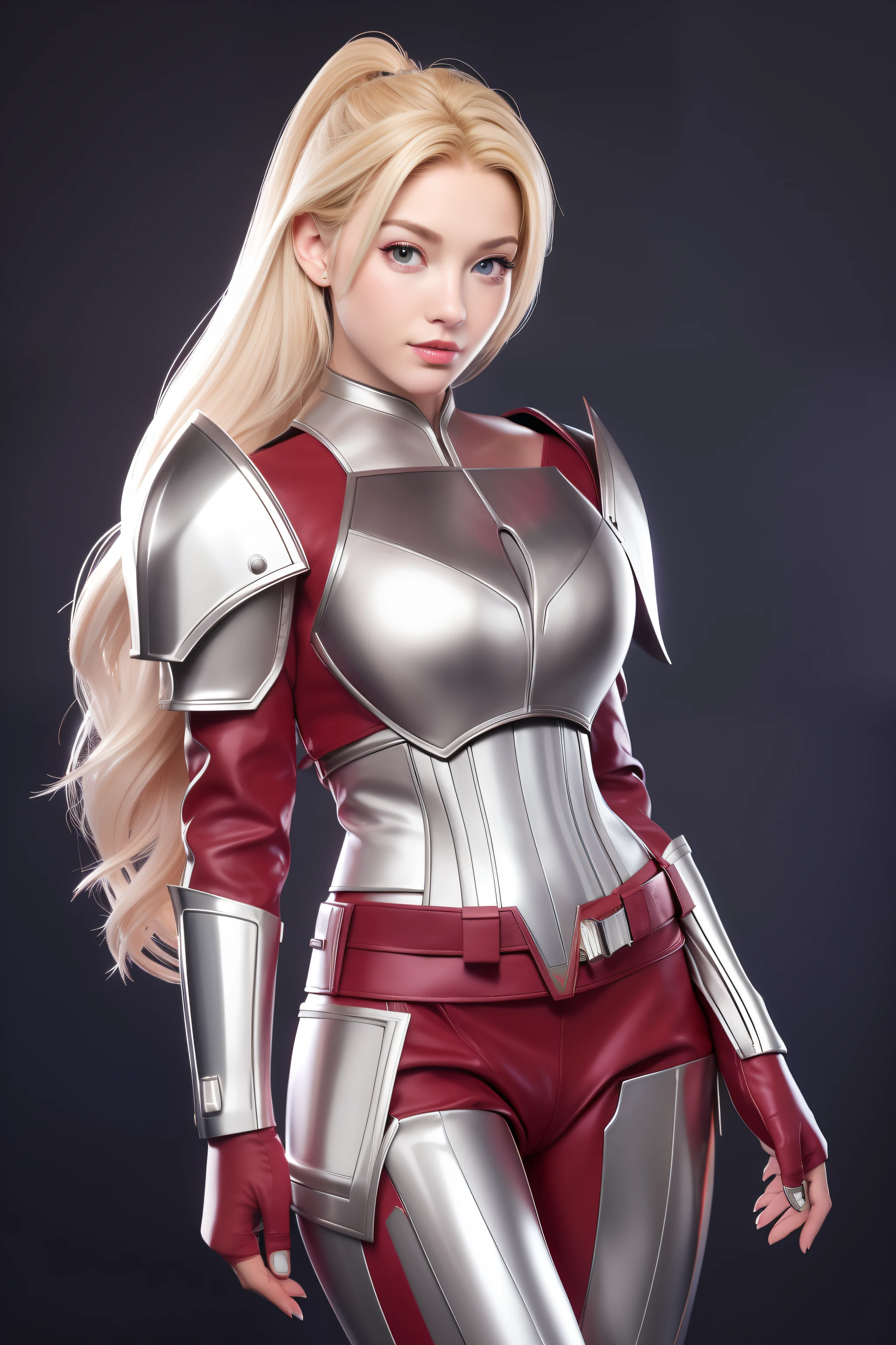 Beautiful Face Woman、a blond、Stripe background、 Beautuful Women、18year old、prety woman、hyper realistic photography、High-definition photos、red lipsticks、Mandalorian style miniskirt suit in metal armor、The skin is not very exposed、Do not cut your head off the screen、Stripes、Facing the front