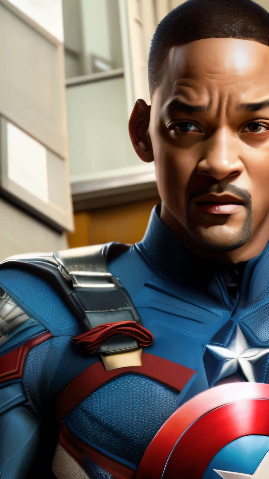 . .Tarantino style Will Smith as Captain America 8k, high definition, detailed face, detailed face, detailed eyes, detailed suit, in style of marvel and dc, hyper-realistic, + cinematic shot + dynamic composition, incredibly detailed, sharpen, details + superb details + evening with light + perfectionism + award winning realism ((moody lighting))