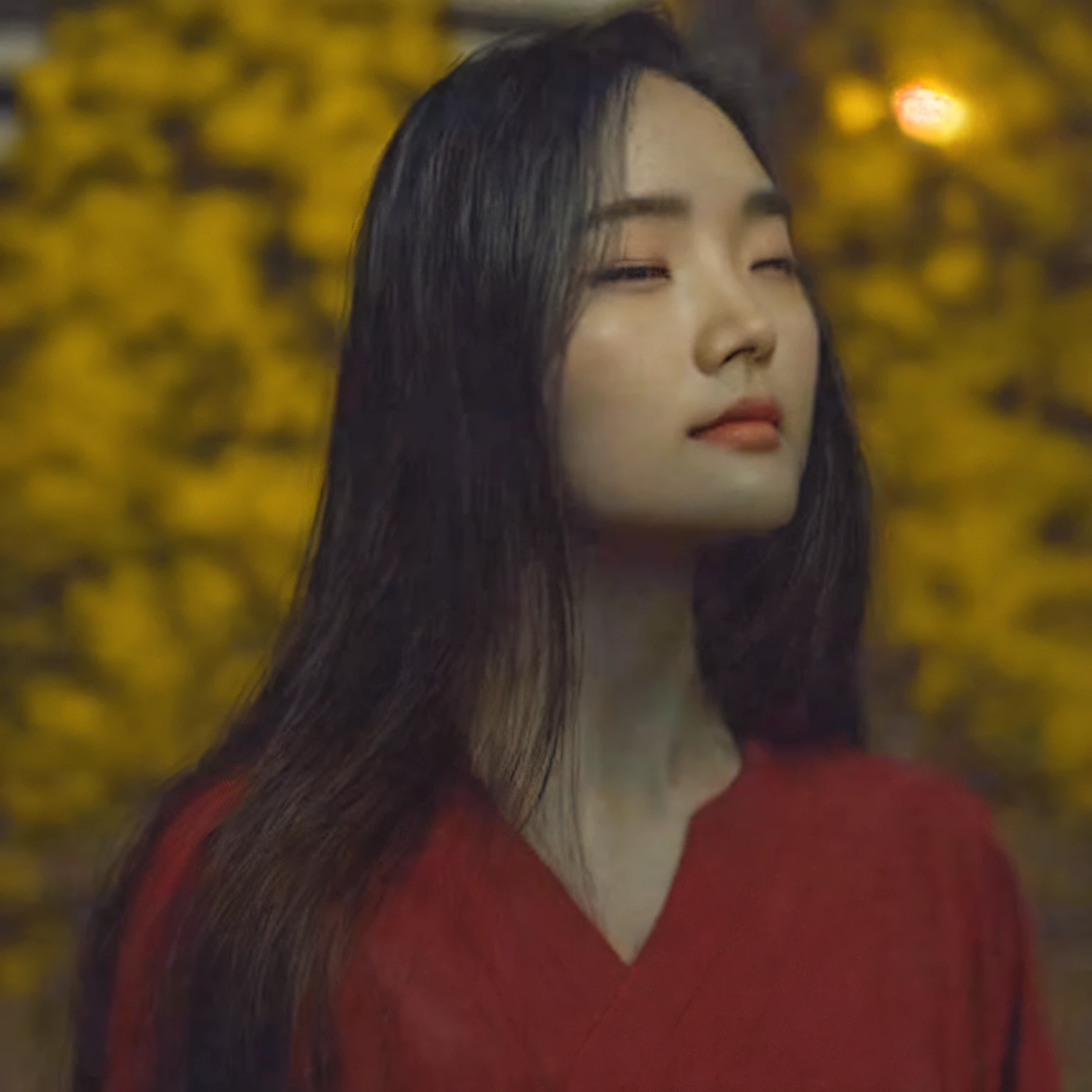 Close-up of a woman with long hair and a red shirt, iu lee ji-eun as a super villain, Inspired by Tang Yifen, inspired by Zhang Xuan, a still of an ethereal, still from a music video, Inspired by Ai Xuan, inspired by Zhang Yan, Inspired by Song Maojin, inspired by Qian Xuan