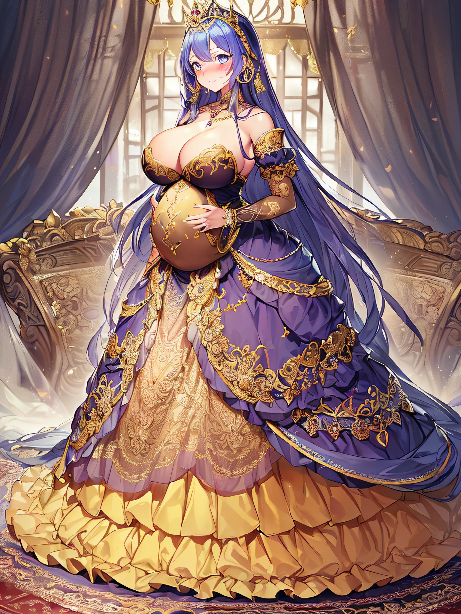 ((anime artstyle)),(Masterpiece),(Best Quality), (Super Detail),((Very Delicate and Beautiful)),(((Solo))),((full body)),(((1 bling-bling pregnant princess in beautiful embroidery and jeweled gorgeous rococo ball gown dress with voluminous full length hoop skirt))),((heavily pregnant)),very big pregnant belly,((royal bedroom)),((bling-bling)),Long train,(bling-bling gorgeous gemstone jewelry),detailed face and eyes,jewel-like eyes,cry,((embarrassed)),((large amount of straight hair,extremely voluminous Very Long Hair,Very Long Straight Hair)),(((gigantic tits,Long tits))),cleavage,(gorgeousfull embroidery and lace),gorgeous corsage,See-through,extremely gorgeousfull hair ornament,((bling-bling extremely gorgeousfull jeweled tiara)),ornate ruffles,(hoop skirt,crinoline),((Dynamic Angle)),Looking at viewer,((full body)),((beautiful embroidery and jeweled extremely gorgeous rococo ball gown dress with voluminous full length hoop skirt))