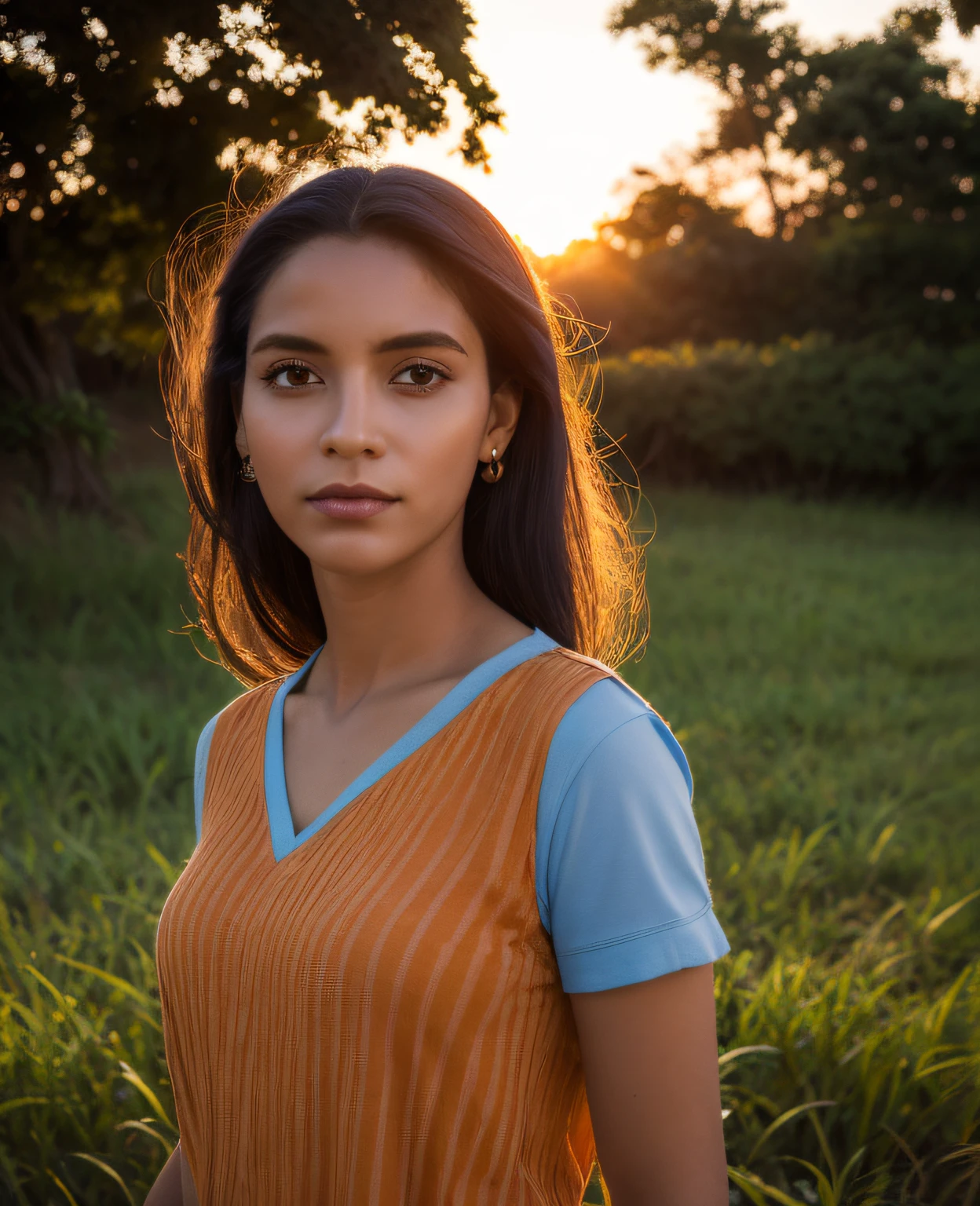 retrato realista, uma mulher vestindo uma camisa de time preta e roxa, por do sol lindo de fundo, com tons de laranja e azul