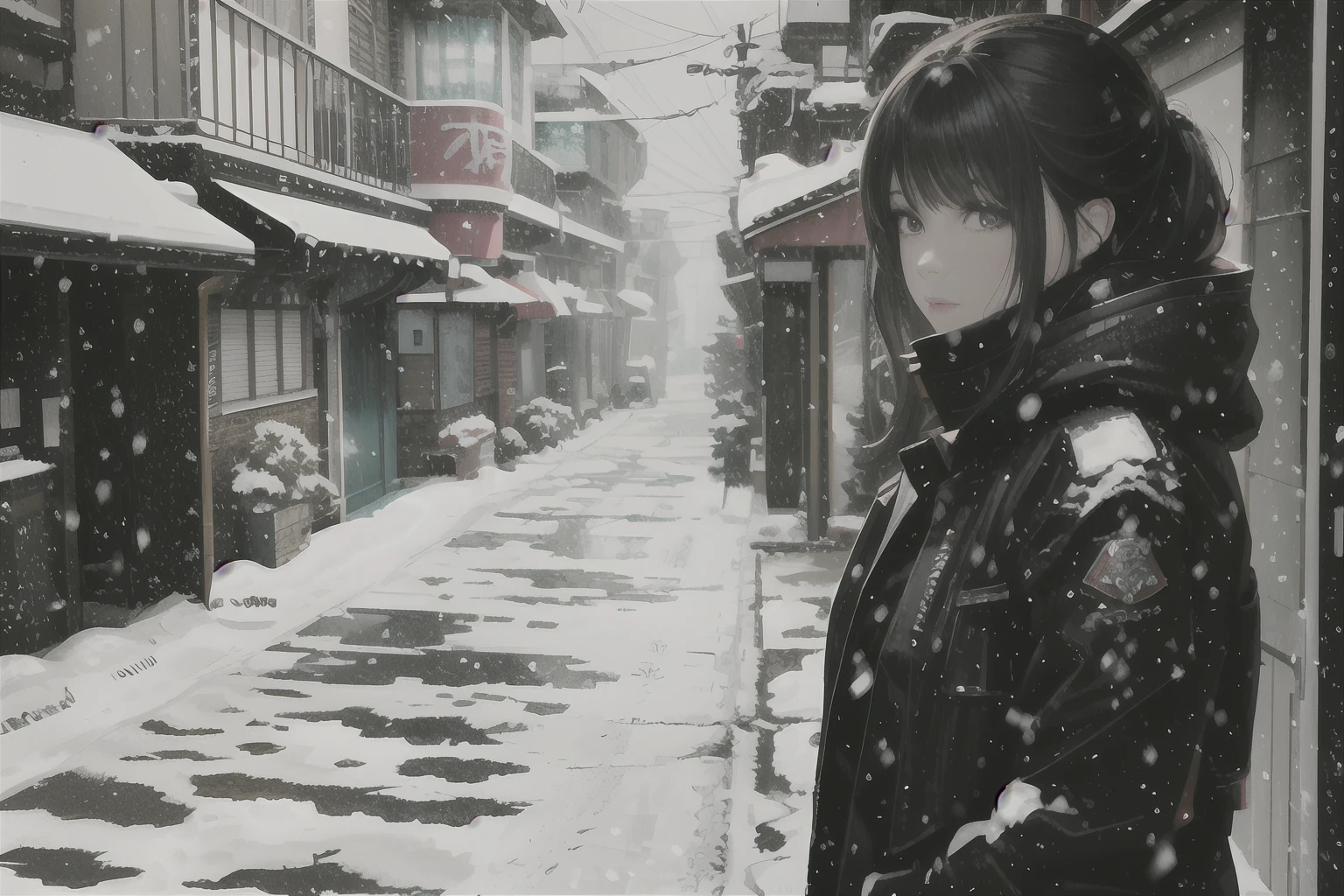There is a woman standing in the snow in the snow alley, style of anime4 K, Guviz-style artwork, 4k manga wallpapers, Realistic anime 3 D style, Beautiful digital artwork, 4K anime wallpaper, Anime style. 8K, 3 d anime realistic, Badass anime 8 K, Digital cyberpunk anime art, By Yuumei