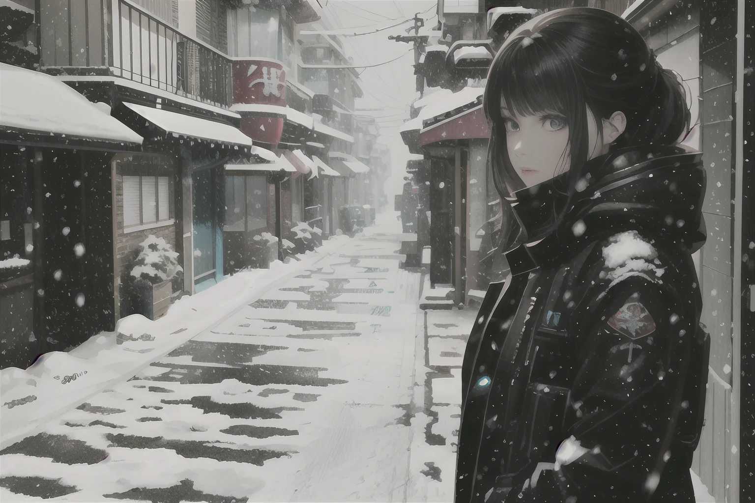 There is a woman standing in the snow in the snow alley, style of anime4 K, Guviz-style artwork, 4k manga wallpapers, Realistic anime 3 D style, Beautiful digital artwork, 4K anime wallpaper, Anime style. 8K, 3 d anime realistic, Badass anime 8 K, Digital cyberpunk anime art, By Yuumei