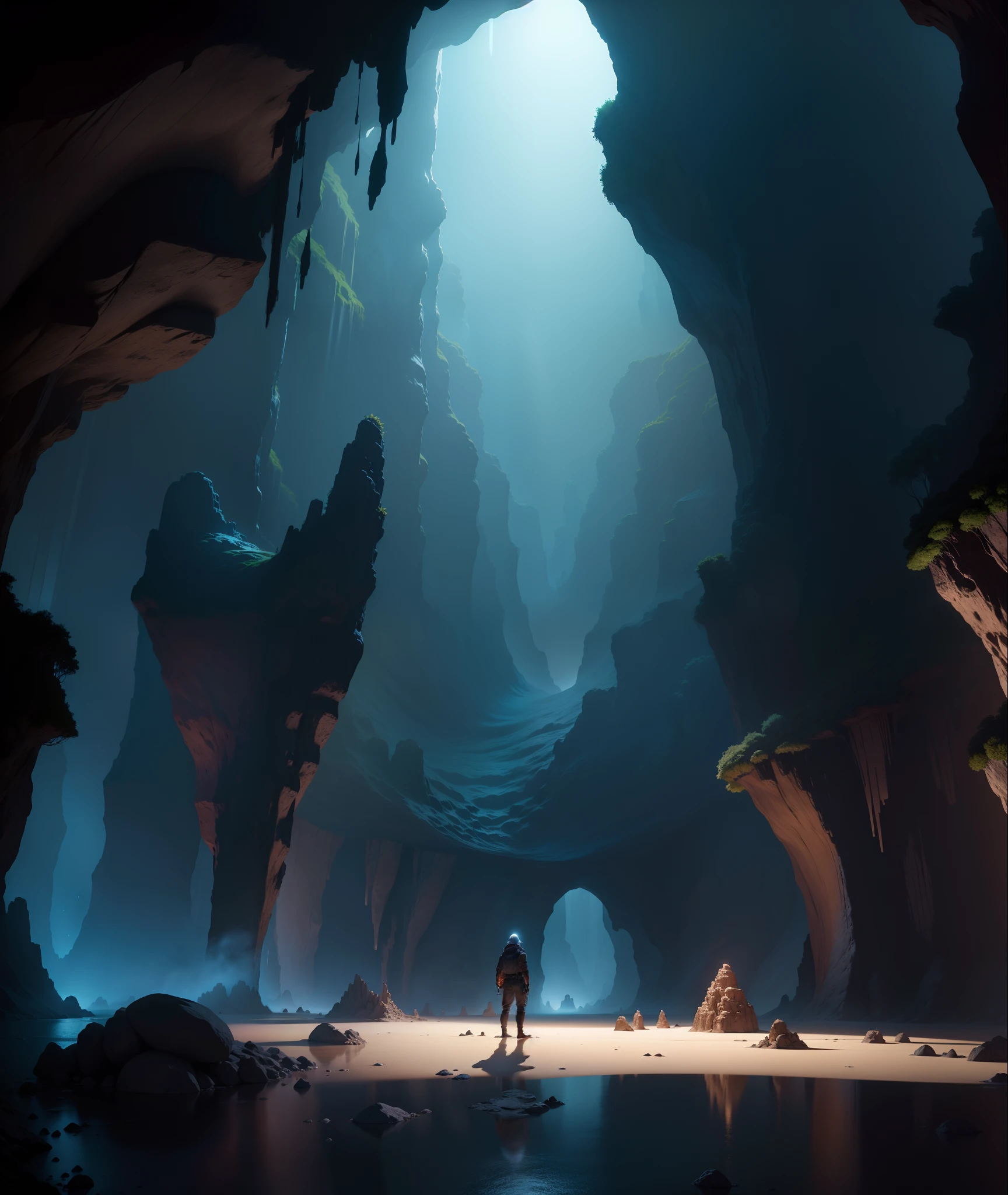 There is a man standing in a cave looking at the water, dentro de uma enorme e vasta caverna, dentro de uma enorme caverna escura, dentro de uma caverna gigantesca, uma caverna extremamente grande, dentro de uma caverna expansiva, tudo dentro de uma enorme caverna, dentro de uma caverna, underground cave, caverna profunda, mythical gigantic space cavern, olhando para uma caverna misteriosa