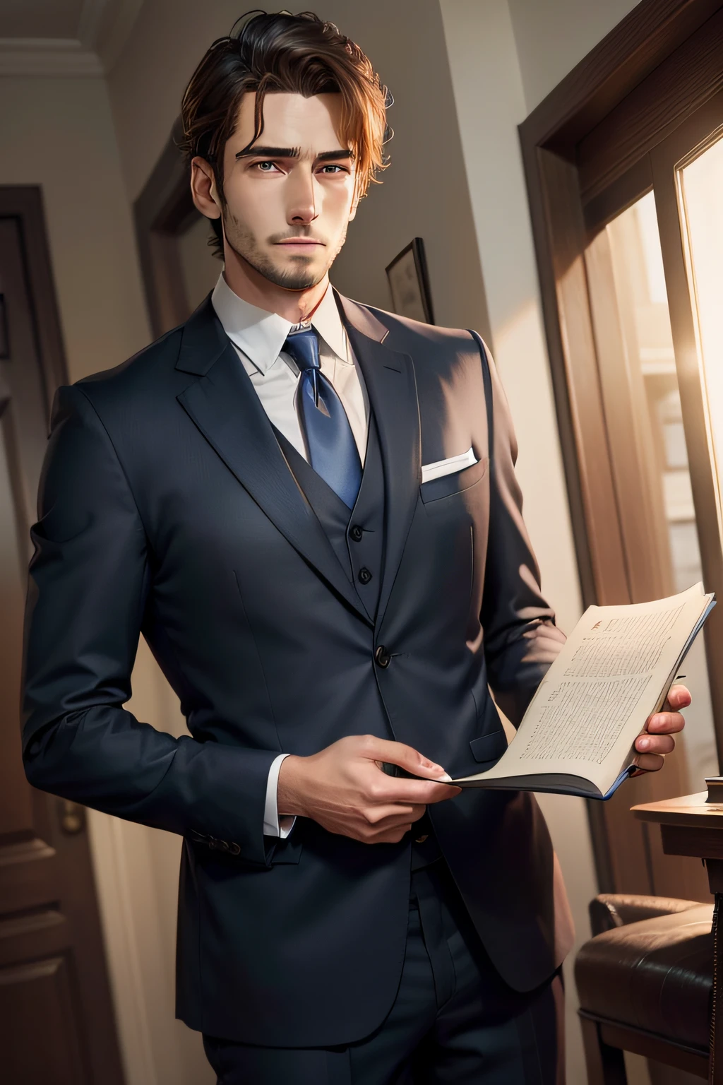 Realistic, (Best Quality, masutepiece: 1.3), Men, (in suit) (Have a book)(Facing this way),frontage,