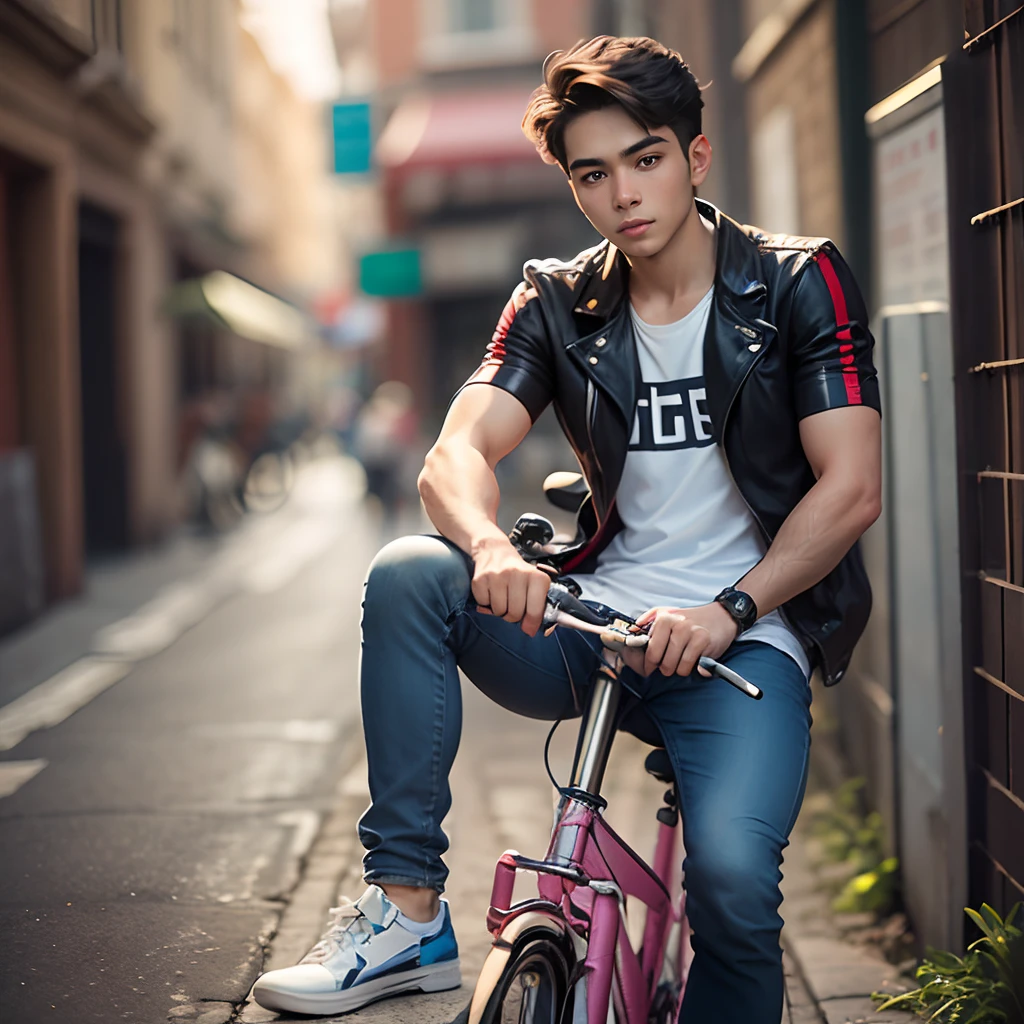 a young man sit on a bike look at camera masterpiece --auto --s2