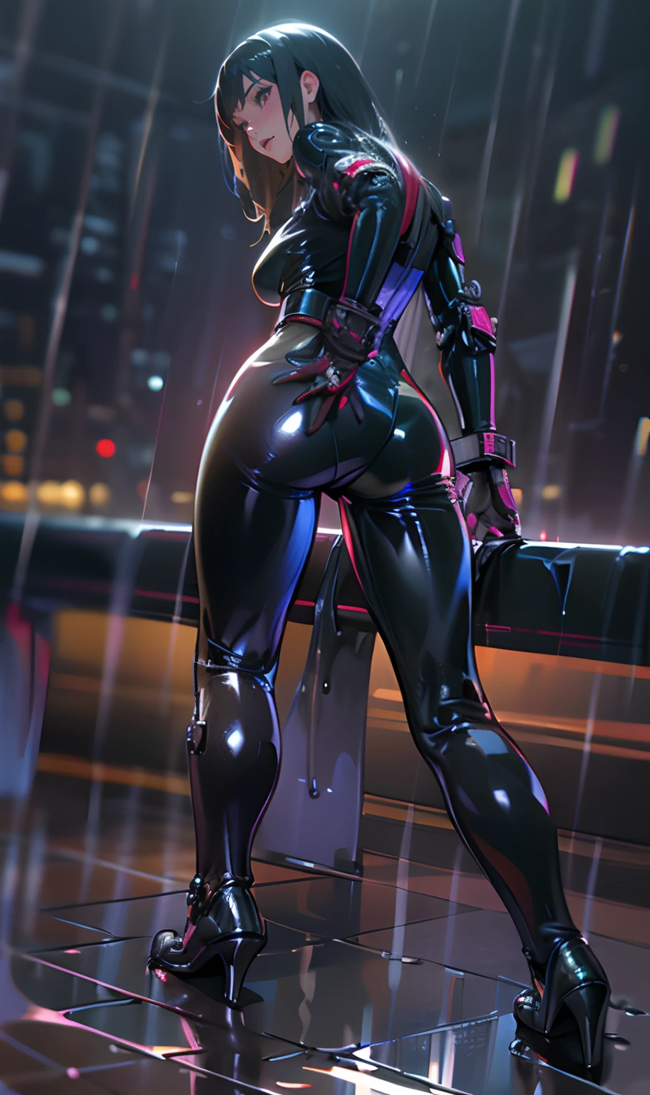 Latex-clad Aalfid woman kneeling in the rain, wlop glossy skin, an oppai cyberpunk, photorealistic perfect body, cyberpunk glossy latex suit, black latex, seductive cyberpunk dark fantasy, Tifa Lockhart, black latex suit, latex shiny, glossy and drippy, Shiny wet skin!!, black latex sculpt, ArtStation masterpiece, shiny plastic