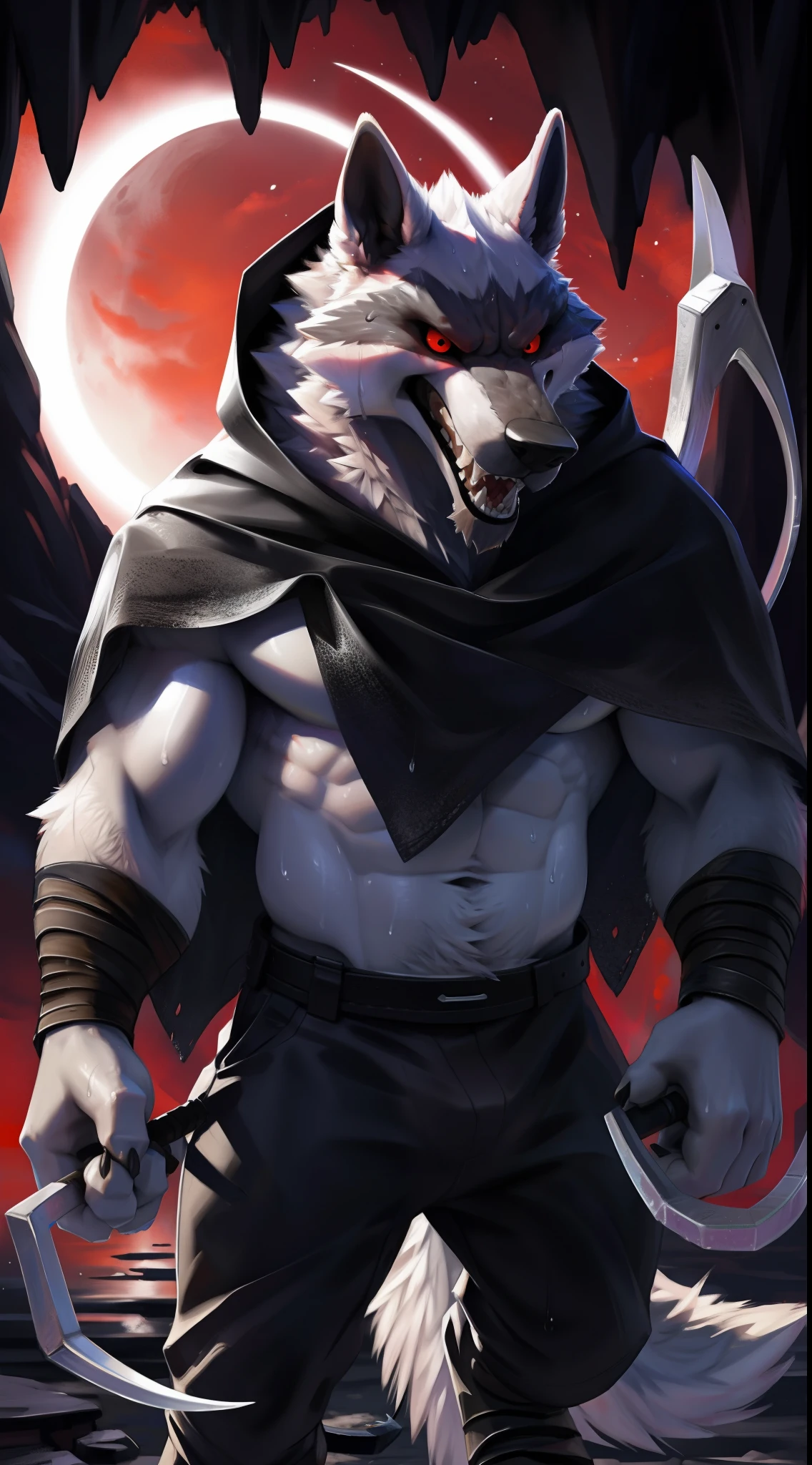 deathwolf, 1boy, solo, colored sclera, red eyes, furry, big long black old torn cloak, white fur, upper body shot, anthro, (frown:1.2), (angry:1.5), (opened wide eye:1.5), hand holding sickle, (looking forwards:1.5) , male, muscular, tall, muscular anthro, (sweat:1.4), muscular male, aged up, hi res, (bottomwear:1.2), 8k hd, extreme detail, detailed background, dark cave, red sky, bright big moon, by Pino Daeni, (by ruaidri), by virtyalfobo