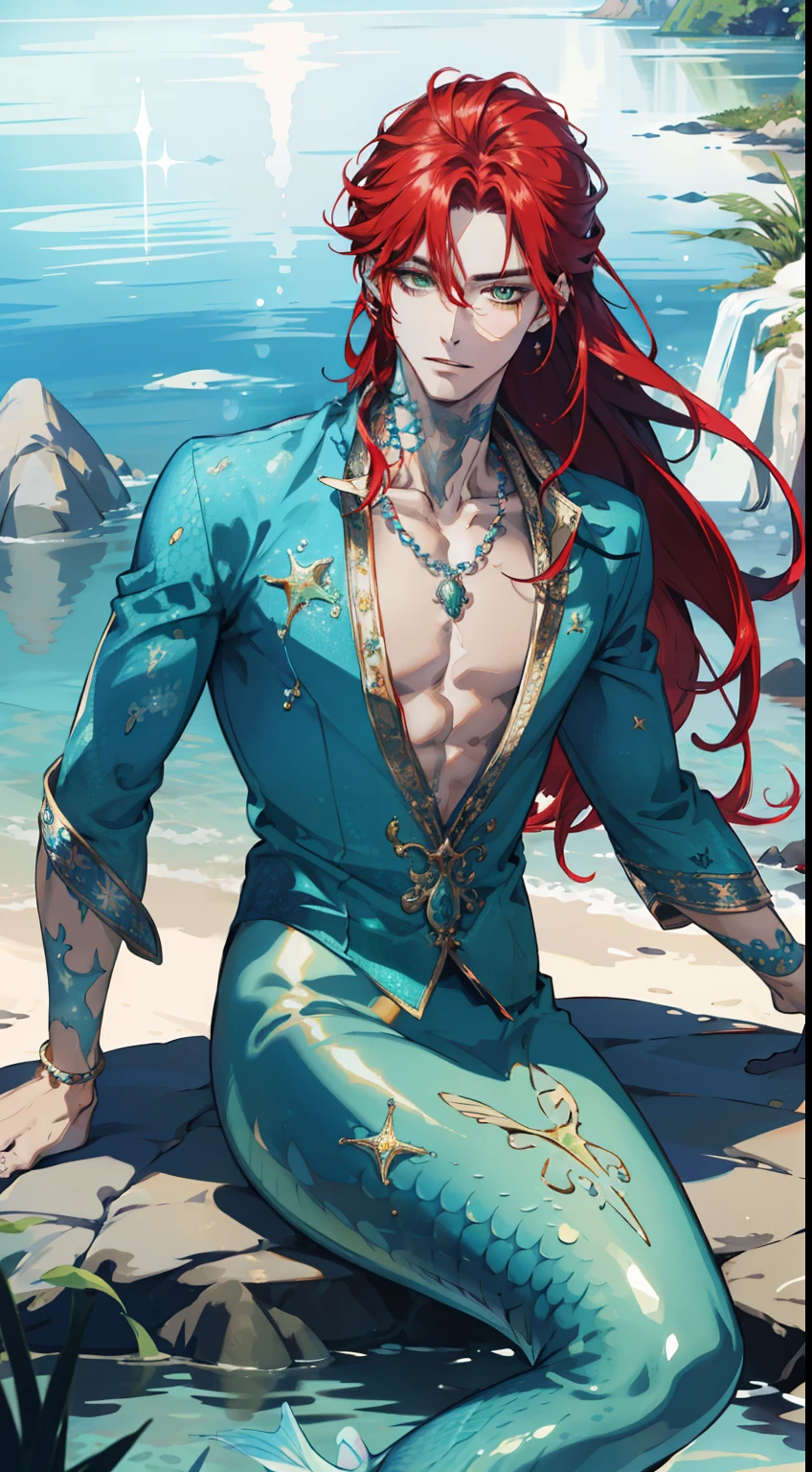 (absurdres, highres, ultra detailed, HDR), 1 male MERMAID, MALE ONLY, HE HAS A FISH TAIL, adult, handsome, tall SLIM guy, broad shoulders, finely detailed eyes and detailed face, GREEN eyes, RED color long hair, fantasy, complex pattern, detailed face, GORGEOUS necklaces and accessories, prism, glowing, glitter, particles, bloom, likes to celebrate and have fun, enjoys nature, bright and optimistic outlook, creative and adventurous spirit, represents happiness and harmony, under the water, sea theme, bubbles.