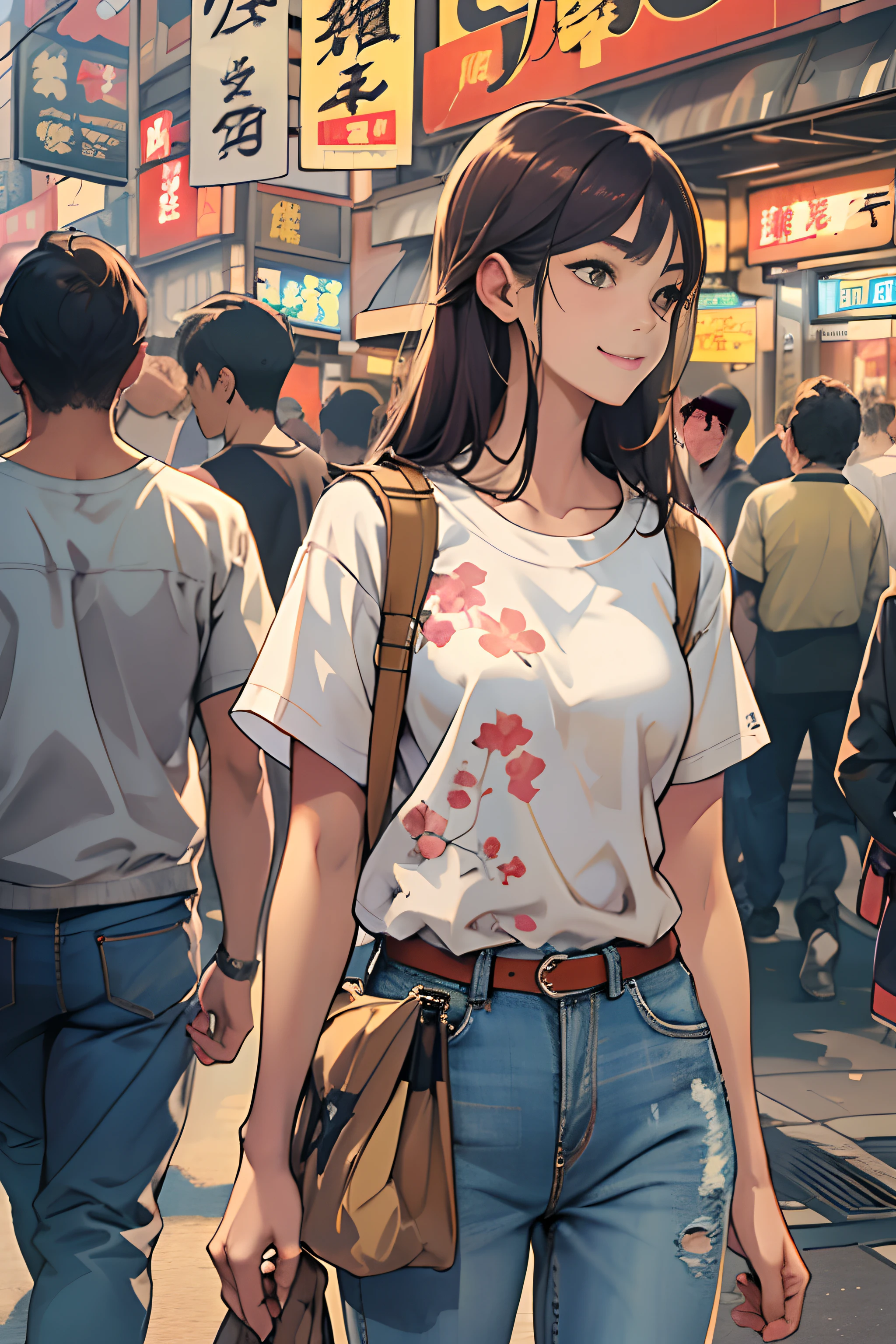 A young woman named Yang Feiyue standing on a busy street, Contemporary Rough T-Shirt and Jeans、Holding a movie flyer in your hand, Surrounded by Japan Showa nostalgia stalls, There was anticipation and a slight smile on her face.,  ,In the style of the star art group Xing, 32K, Best Quality, masutepiece, Super Detail, high details