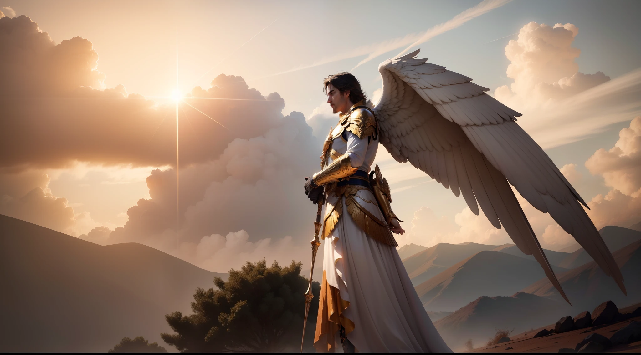 anjo masculino de deus, anjo masculino, The angel of God's army, Golden Army, tempestade, Towards the Heavens, celestial, divino, fotorrealista, renderizado, 4k, texturas detalhadas, sombras detalhadas, decente, cores detalhadas, anjo masculino de deus, Contraste realista, Texturas fotorrealistas, cores detalhadas, cores realistas, sombras detalhadas,
