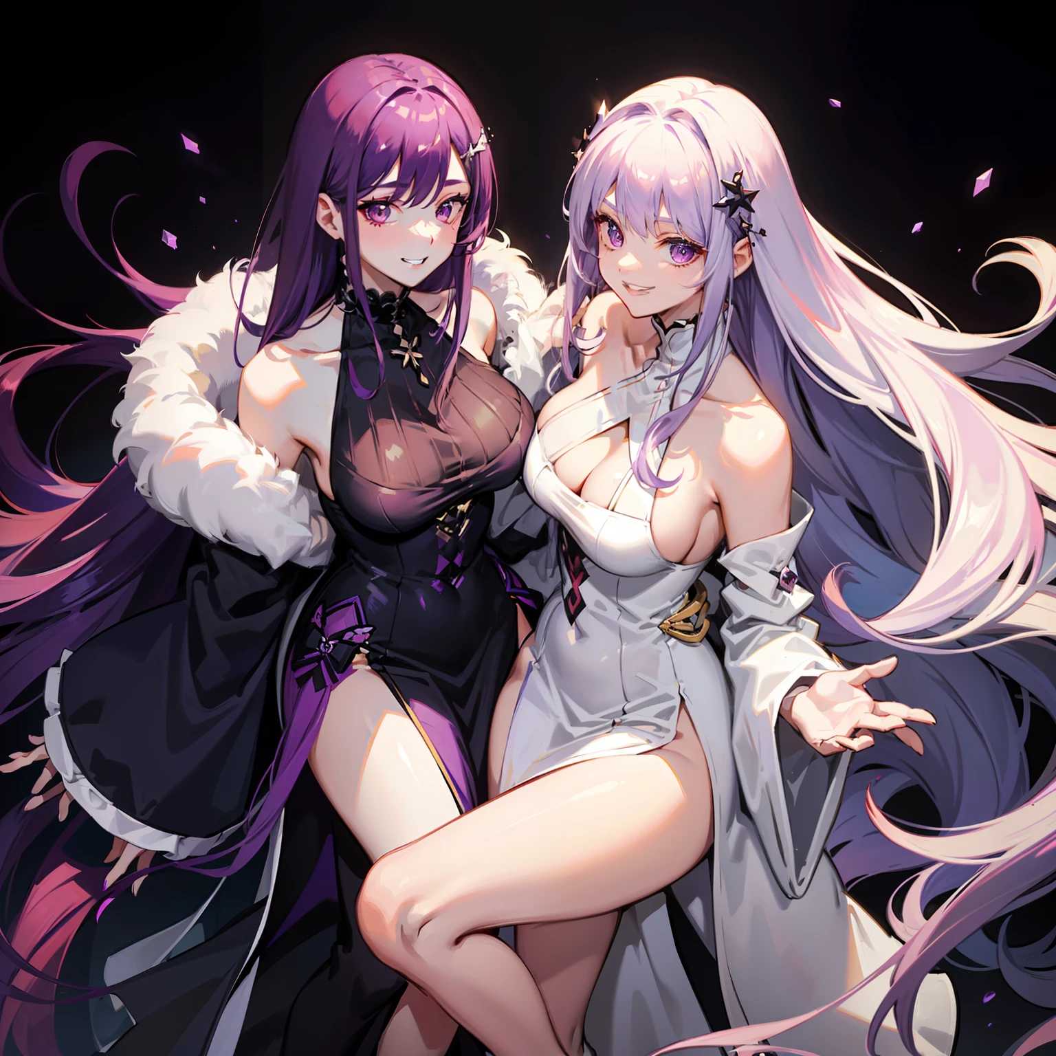 Long purple hair to the thighs,Creamy white off-the-shoulder cool long sleeves,Black wrap long skirt,His face was slightly red,happy grin,Large crystal purple eyes,Tied with a red head rope,With one hand on his back