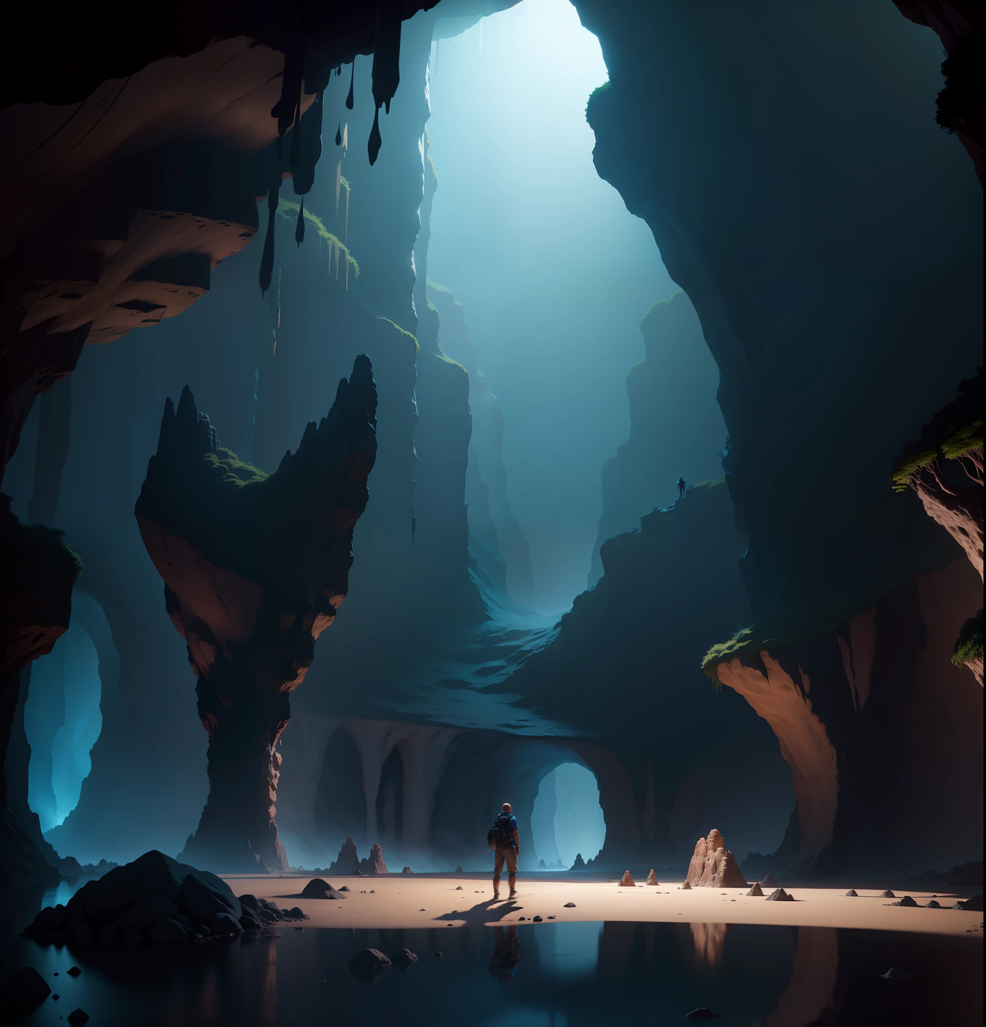 There is a man standing in a cave looking at the water, dentro de uma enorme e vasta caverna, dentro de uma enorme caverna escura, dentro de uma caverna gigantesca, uma caverna extremamente grande, dentro de uma caverna expansiva, tudo dentro de uma enorme caverna, dentro de uma caverna, underground cave, caverna profunda, mythical gigantic space cavern, olhando para uma caverna misteriosa