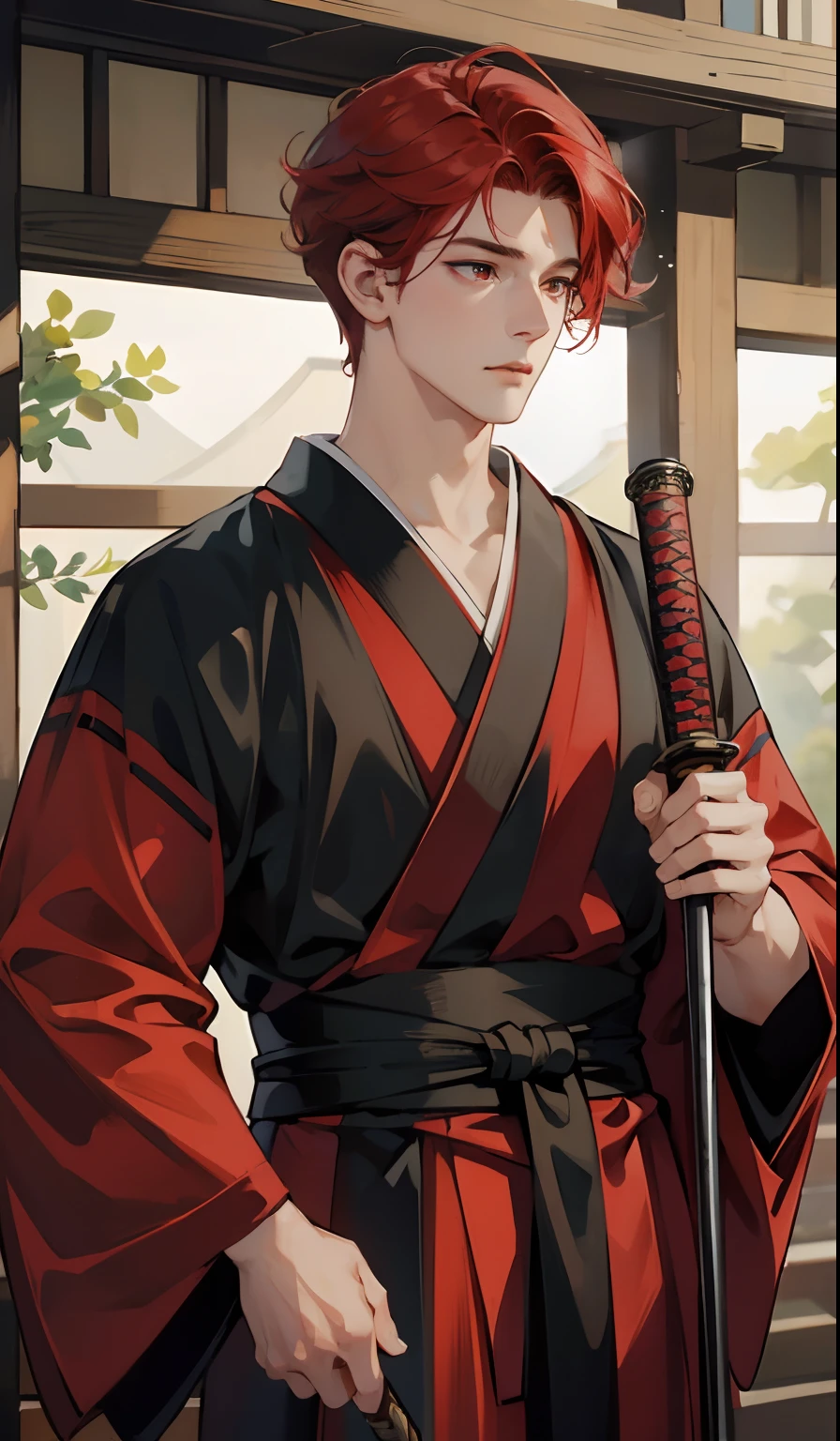 (absurd, high, extremely detailed),((masterpiece)), ((best quality:1.1)), High resolution, 8k,1 boy, (red hair, slightly curly hair, hair super short, layered hair :1.1 ), shaded face, (men's kimono: 1.1), , (top view: 1.1), (red eyes), (hand holding a katana), swordsman stance, anime style, japanese house