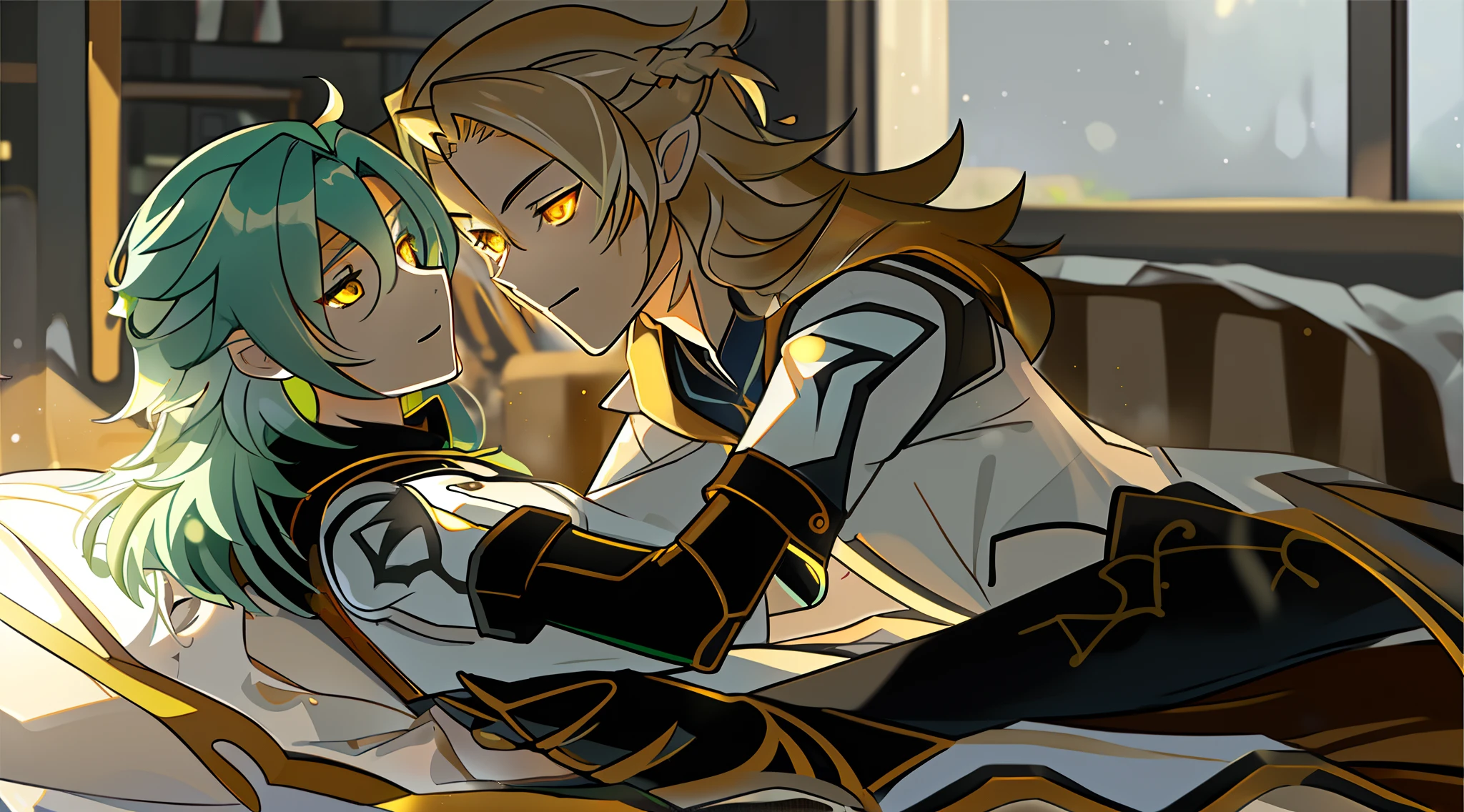 Art, smooth lighting, Intimacy, Albedo has clothes for the game, Sucrose has clothes and hairstyle like in the game, in an embrace, игра Genshin Impact, Heteropair, Guy and girl, liying on bed, in a house