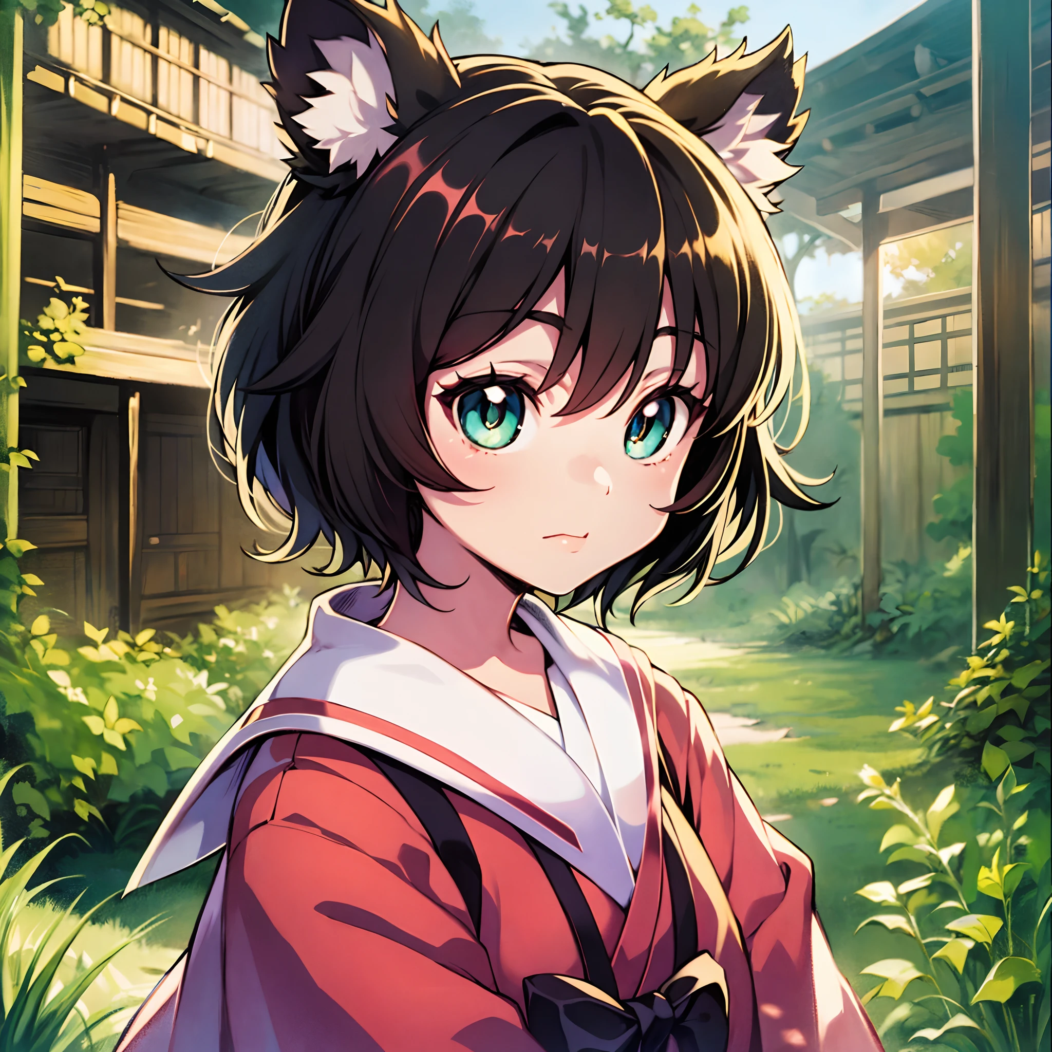 animemanga girl,Cute petite girl,Big eyes in the style of 90s animation,Nostalgic old TV picture quality,Anime girl with short hair and fluffy sister head,(Black color hair,Hair with arc light:1.2),(Emerald green eyes,Shining pupils),Cross-shaped hairpins,(Japanese-style student uniform,Black student uniform),Beast-eared maiden,Small tanuki ears,Fluffy tanuki tail