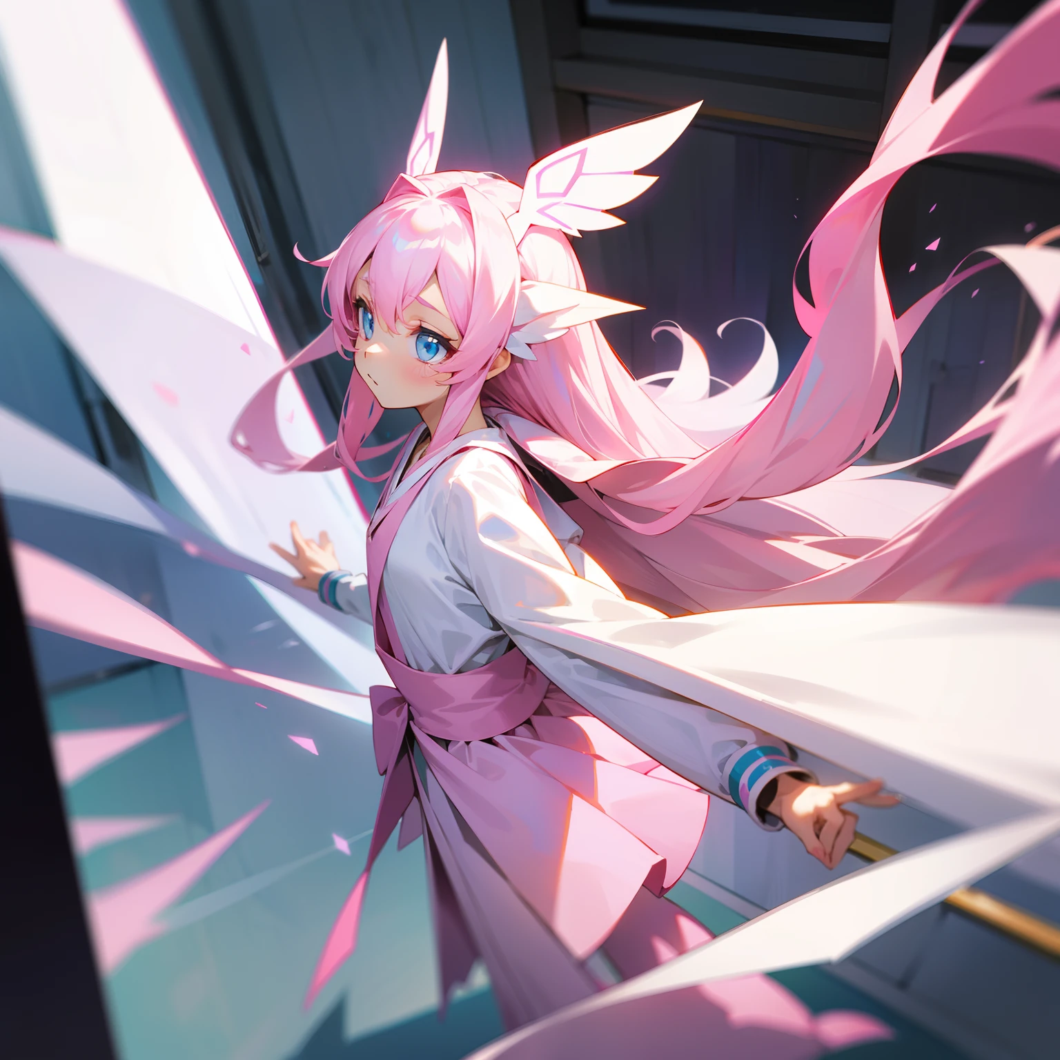 Pink White Long Hair,Flying fairy hairstyle,Hair curtain,Crystal blue big eyes,校服,stocklings,expressiveless,pink headphone,In the hallway