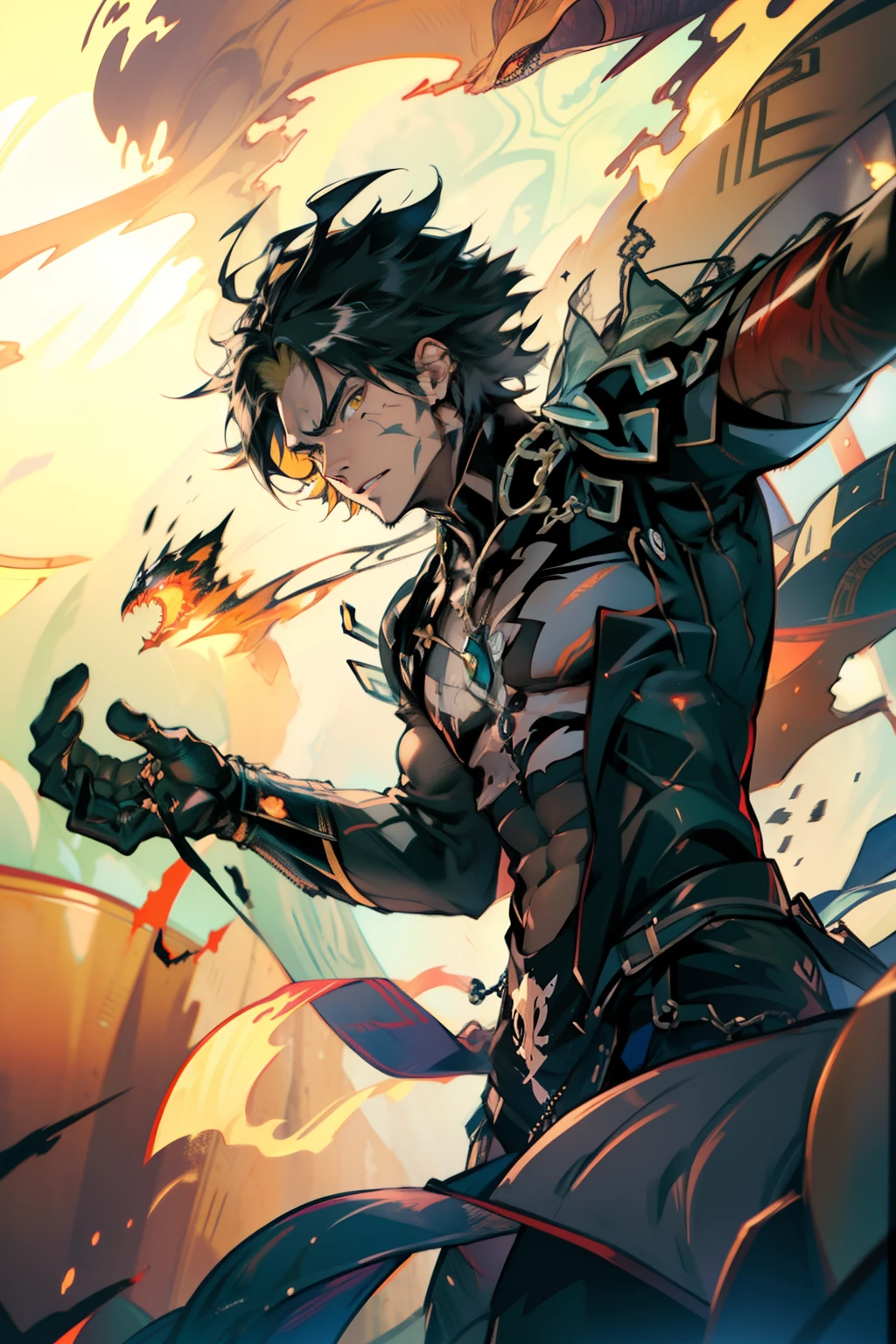 《the original god》Arataki Kazuto , male people,,((Masterpiece)), ((Best quality)), Ultra detailed,((illustration)), Dynamic Angle, Detailed light, (Delicate eyes), Floating, 1boy, Male focus, Head, Clothing, Yellow eyes, necklace, tattoo, (Forehead:0.8), (ahoge:0.8), jewelry, apathy,Ray, chest muscle, Sexy , Venom symbiote for your body, Black mucus of the body , (into venom), Venom,frontage,style of anime4 K, 4K anime wallpaper, Badass anime 8 K, 4 k comic wallpaper, young anime man, Anime boys, Anime wallpapers 4 k, Anime wallpaper 4K, High quality anime art style, Anime moe art style, Anime art wallpaper 8 K, Anime art wallpaper 4 K, RGB lighting
