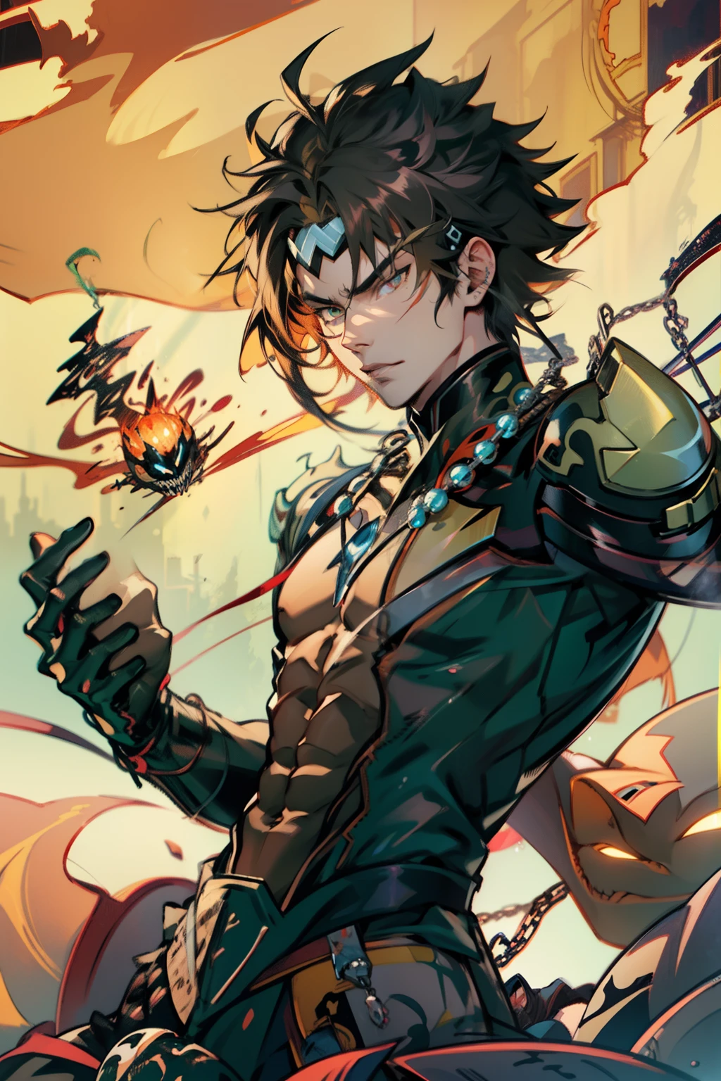 《the original god》Arataki Kazuto , male people，，((Masterpiece)), ((Best quality)), Ultra detailed,((illustration)), Dynamic Angle, Detailed light, (Delicate eyes), Floating, 1boy, Male focus, Head, Clothing, Yellow eyes, necklace, tattoo, (Forehead:0.8), (ahoge:0.8), jewelry, apathy，Ray， chest muscle， Sexy , Venom symbiote for your body, Black mucus of the body , （into venom）, Venom，frontage，style of anime4 K， 4K anime wallpaper， Badass anime 8 K， 4 k comic wallpaper， young anime man， Anime boys， Anime wallpapers 4 k， Anime wallpaper 4K， High quality anime art style， Anime moe art style， Anime art wallpaper 8 K， Anime art wallpaper 4 K， RGB lighting