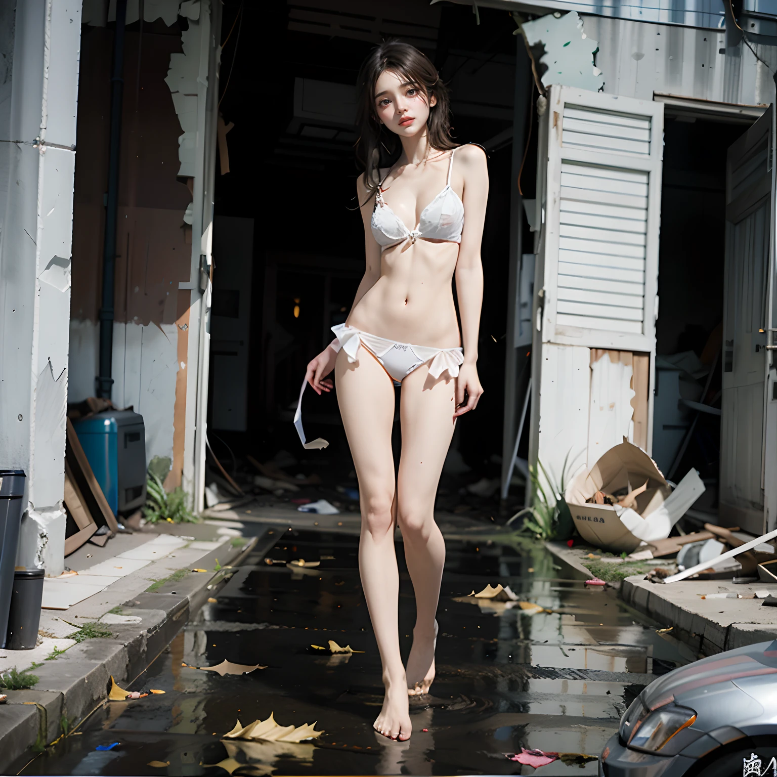 abandoned ruins,Devastated,Dilapidated,Garbage all over the ground,best qualtiy,Random white transparent sexy lingerie and panties,full-body portraits(1:1),18 years old girls,Slender and slender figure,Skinny,As thin as a whipping post,Smaller bust,The barefoot,Leaky ,Leakage of all breasts,Naked all over the body,Wearing a naked