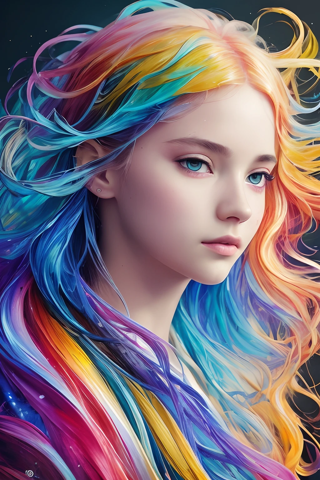 Colorful beautiful girl: a giru 8-, messy hair, oil painting, nice perfect face with soft skinice perfect face, blue yellow colors, light purple and violet additions, light red additions, intricate detail, splash screen, 8k resolution, masterpiece, cute face,artstation digital painting smooth veryBlack ink flow: 8k resolution photorealistic masterpiece: intricately detailed fluid gouache painting: by Jean Baptiste Mongue: calligraphy: acrylic: watercolor art, professional photography, natural lighting, volumetric lighting maximalist photoillustration: by marton bobzert:, complex, elegant, expansive, fantastical, wavy hair, vibrant