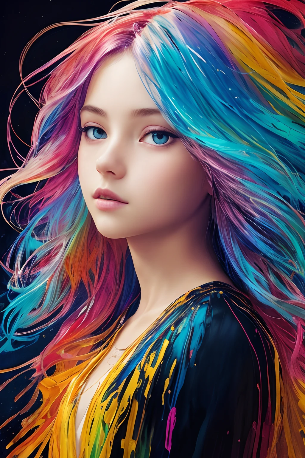 Colorful beautiful girl: a giru 8-years old, messy hair, oil painting, nice perfect face with soft skinice perfect face, blue yellow colors, light purple and violet additions, light red additions, intricate detail, splash screen, 8k resolution, masterpiece, cute face,artstation digital painting smooth veryBlack ink flow: 8k resolution photorealistic masterpiece: intricately detailed fluid gouache painting: by Jean Baptiste Mongue: calligraphy: acrylic: watercolor art, professional photography, natural lighting, volumetric lighting maximalist photoillustration: by marton bobzert:, complex, elegant, expansive, fantastical, wavy hair, vibrant
