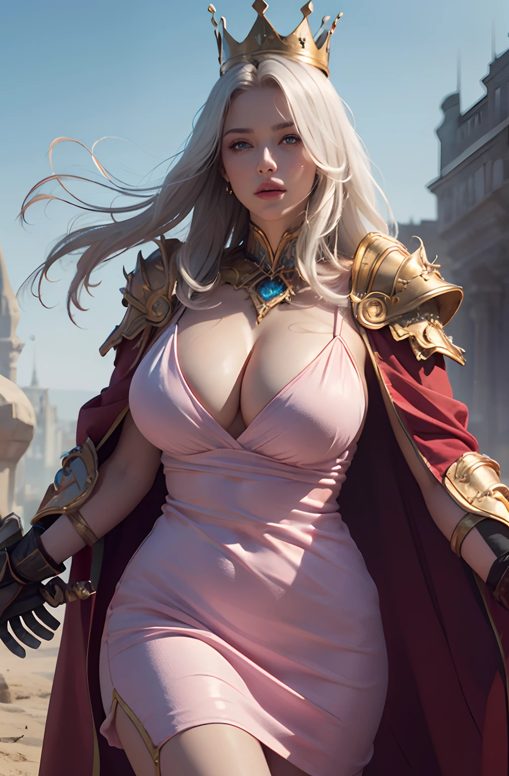 offcial art, Unity 8k wallpaper, Ultra detail, Masterpiece, Best quality, A woman who is, (Very detailed),(RAW photo, Best quality), (Realistic, Photorealistic:1.3), High definition, Very wide open mouth, ultra-detailed complex 3D rendering of face, (Big breasts: 8.8), (Highly detailed skin: 1.2), (exposure: 1.1), Beautiful Caucasian Woman，Plump soft breasts and fair skin with big ass (Topless), Breasts, White hair, Blue eyes, Long hair, (translucent pink dress), Dynamic Angle, enigmatic expression, fire glow effect, Fantasy background, rim lit, Side light, Cinematic light, hyper HD, 8K, filmgrain,Best shadow, Light particles, Detailed skin texture, Detailed jewel armor texture, Detailed face, intricately details, Super detailed, Bright, Strong, Gold armor, cleavage, Slender abs, have glowing weapons, have a shield, pole dron, ((beautiful huge crown with detail)), Shining eyes, long red cloak, fantasy, (Realistic),