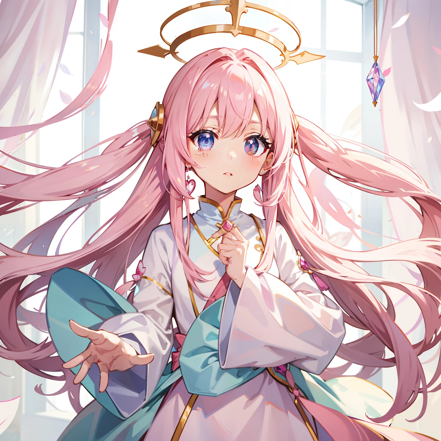 Pink White Long Hair,Flying fairy hairstyle,Hair curtain,Crystal blue big eyes,校服,stocklings,expressiveless,pink headphone,In the hallway