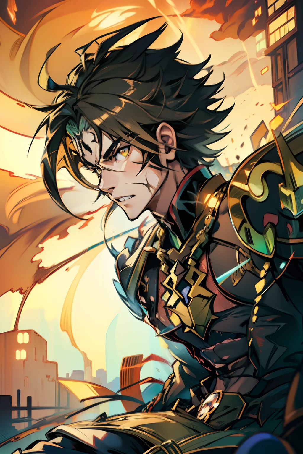 《the original god》Arataki Kazuto , male people,,((Masterpiece)), ((Best quality)), Ultra detailed,((illustration)), Dynamic Angle, Detailed light, (Delicate eyes), Floating, 1boy, Male focus, Head, Clothing, Yellow eyes, necklace, tattoo, (Forehead:0.8), (ahoge:0.8), jewelry, apathy,Ray, chest muscle, Sexy , Venom symbiote for your body, Black mucus of the body , (into venom), Venom,frontage,style of anime4 K, 4K anime wallpaper, Badass anime 8 K, 4 k comic wallpaper, young anime man, Anime boys, Anime wallpapers 4 k, Anime wallpaper 4K, High quality anime art style, Anime moe art style, Anime art wallpaper 8 K, Anime art wallpaper 4 K, RGB lighting