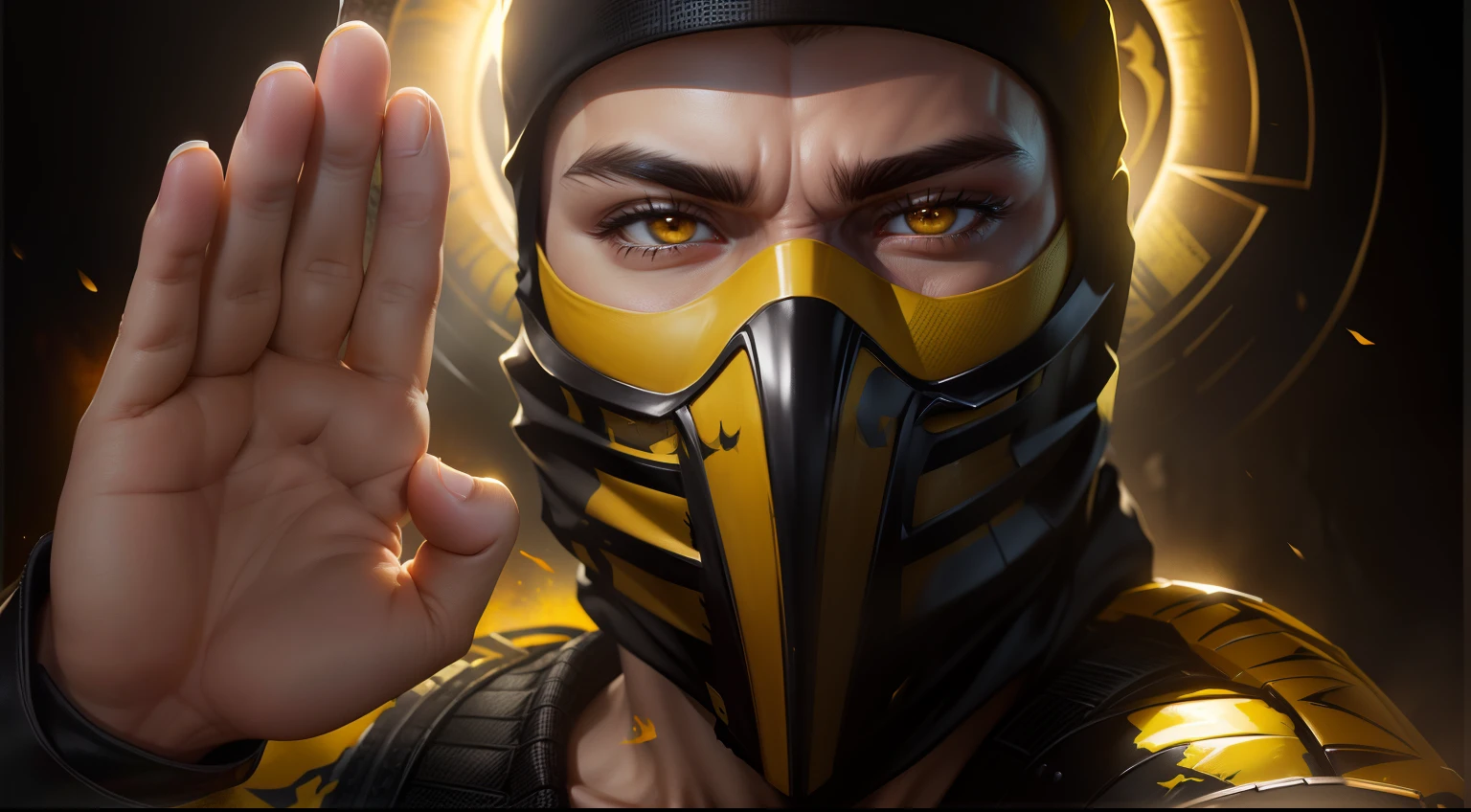 {highly detailed} {best quality} Scorpion from mortal kombat wearing yellow and a black mask, white pupils