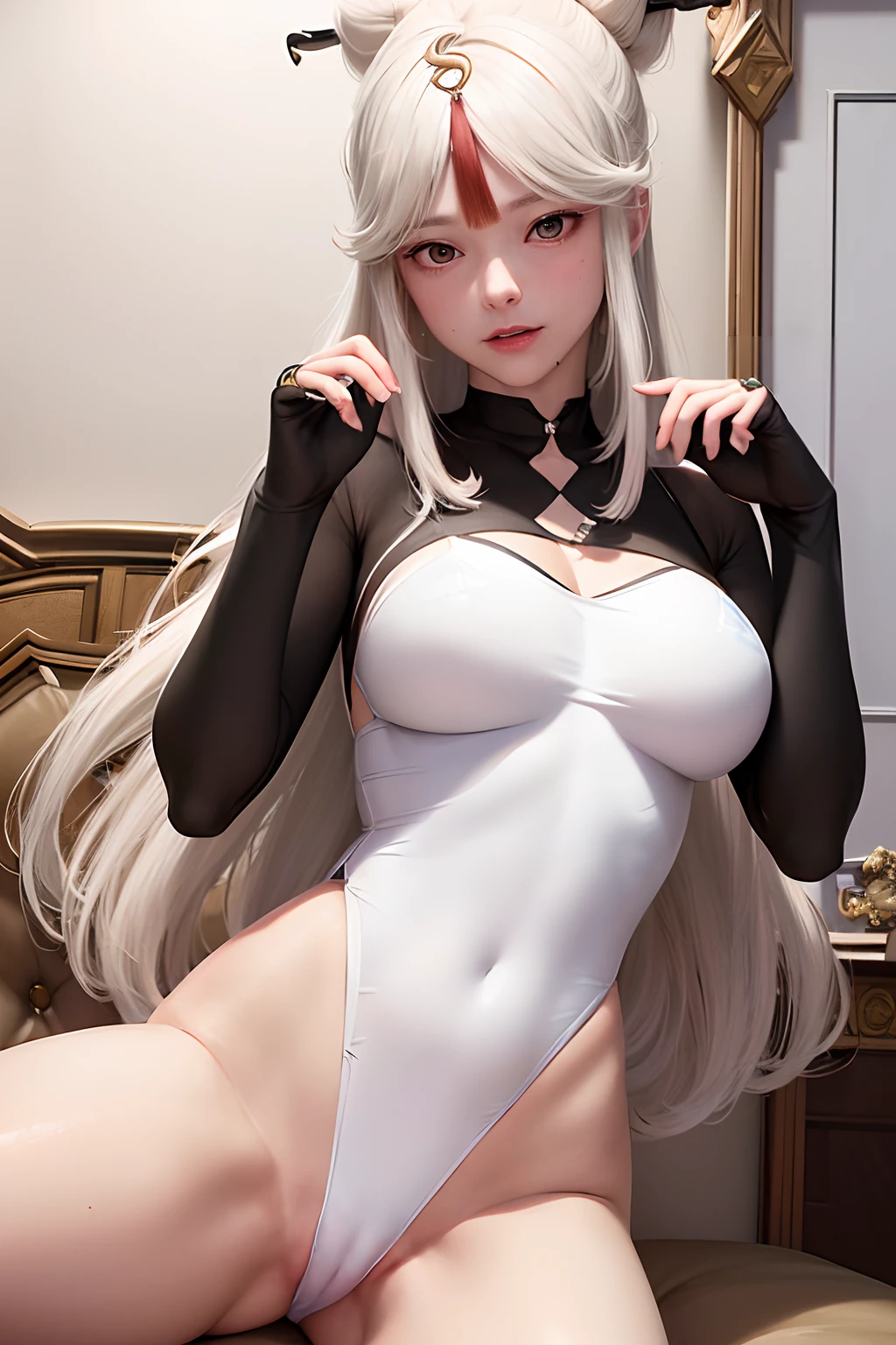 Silver hair, The handmaid's masterpiece, Best quality, Ultra-detailed, illustration, epic lighting, Cinematic composition，1girll，（Camel toes：1.6）Show with open legs，White transparent one-piece stockings，Transparent clothes，((Masterpiece,Best quality（（brunette color hair，Yellow-haired，Pink hair，Green hair，Yellow-haired，blond hairbl，blue colors，light blues，Light pink，Light gold，greys，red colour）（short detailed hair，long whitr hair，dual horsetail，Qi bangs，mid hair）（Light blue eyes，Red eyes，White eyes，Cyan eyes，green color，purpleish color，），A high resolution，，Happy expression，fanciful, facing front, black lence stockings，Camel toes，（White one-piece transparent clothes，Pink one-piece transparent clothes，Clothes transparent，Cyan one-piece transparent clothes，Dead reservoir water）（The legs are open，Open your legs，showing panties）8K quality，，Lie down in bed。)),1girll, （Pool scene，Market scene，Warehouse scenario，Storage room scene，Royal Palace scene，Deep forest scene，Street view scene） Waist forward Top 1 girls，（Camel toes：1.6）Show with open legs，White transparent one-piece stockings，Transparent clothes，((Masterpiece,Best quality（brunette color hair，Yellow-haired，Pink hair，Green hair，Yellow-haired，blond hairbl，blue colors，light blues，Light pink，Light gold，greys，red colour，brunette color hair，whaite hair）（short detailed hair，long whitr hair，dual horsetail，Qi bangs，mid hair）（Light blue eyes，Red eyes，White eyes，Cyan eyes，green color，purpleish color，），A high resolution，，Happy expression，fanciful, facing front, black lence stockings，Camel toes，（Camel toe 1.6）Camel toes are pronounced，（White one-piece transparent clothes，Pink one-piece transparent clothes，Clothes transparent，Cyan one-piece transparent clothes，Dead reservoir water）（The legs are open，Open your legs，showing panties）8K quality，)1girll, （Pool scene，Market scene，Warehouse scenario，Storage room scene，Royal Palace scene，Forest scene，Street view scene） Push forward at the waist， Camel toes are shown