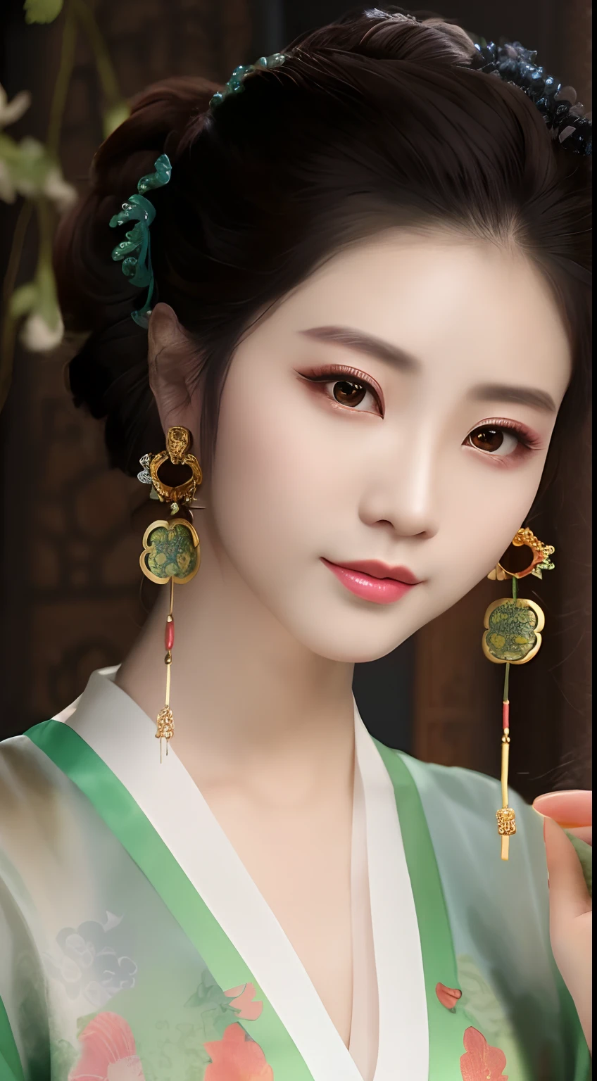 Close-up of a woman in a green dress and earrings, Chinese style, Chinese traditional, with ancient chinese aesthetic, wearing ornate earrings, Wearing ancient Chinese clothes, Hanfu, Palace , A girl in Hanfu, ancient china art style, Princesa chinesa antiga, Beautiful rendering of the Tang Dynasty, Traditional beauty, Chinese girl, gorgeous chinese models, gold earring