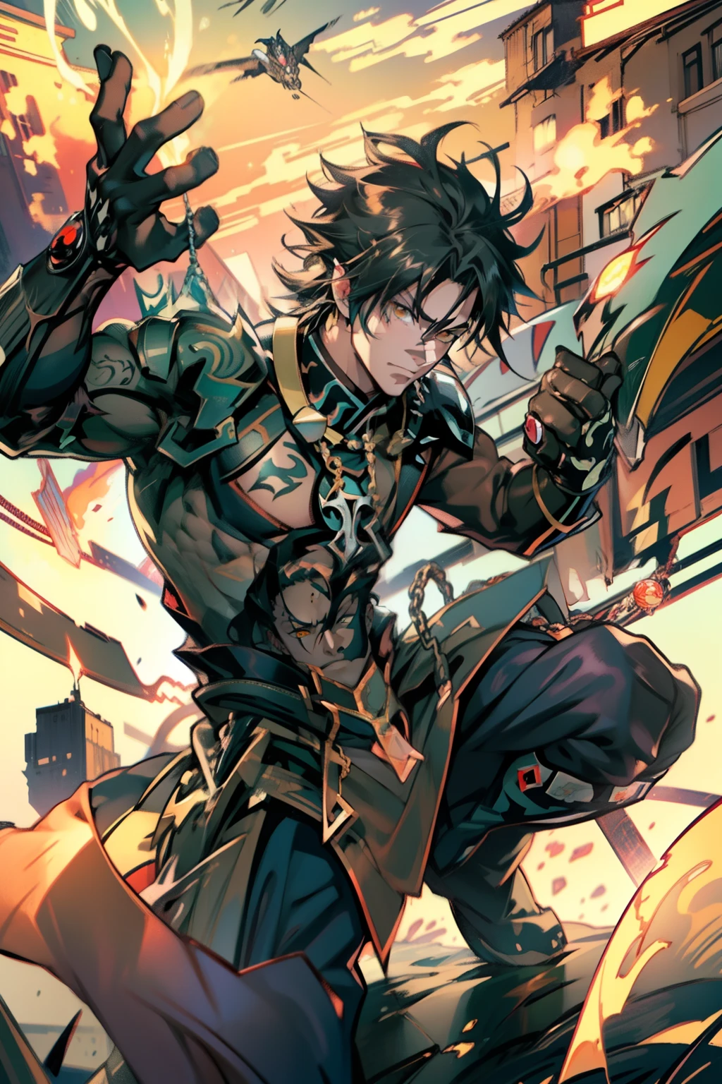 《the original god》Arataki Kazuto , male people，，((Masterpiece)), ((Best quality)), Ultra detailed,((illustration)), Dynamic Angle, Detailed light, (Delicate eyes), Floating, 1boy, Male focus, Head, Clothing, Yellow eyes, necklace, tattoo, (Forehead:0.8), (ahoge:0.8), jewelry, apathy，Ray， chest muscle， Sexy , Venom symbiote for your body, Black mucus of the body , （into venom）, Venom，frontage，style of anime4 K， 4K anime wallpaper， Badass anime 8 K， 4 k comic wallpaper， young anime man， Anime boys， Anime wallpapers 4 k， Anime wallpaper 4K， High quality anime art style， Anime moe art style， Anime art wallpaper 8 K， Anime art wallpaper 4 K， RGB lighting