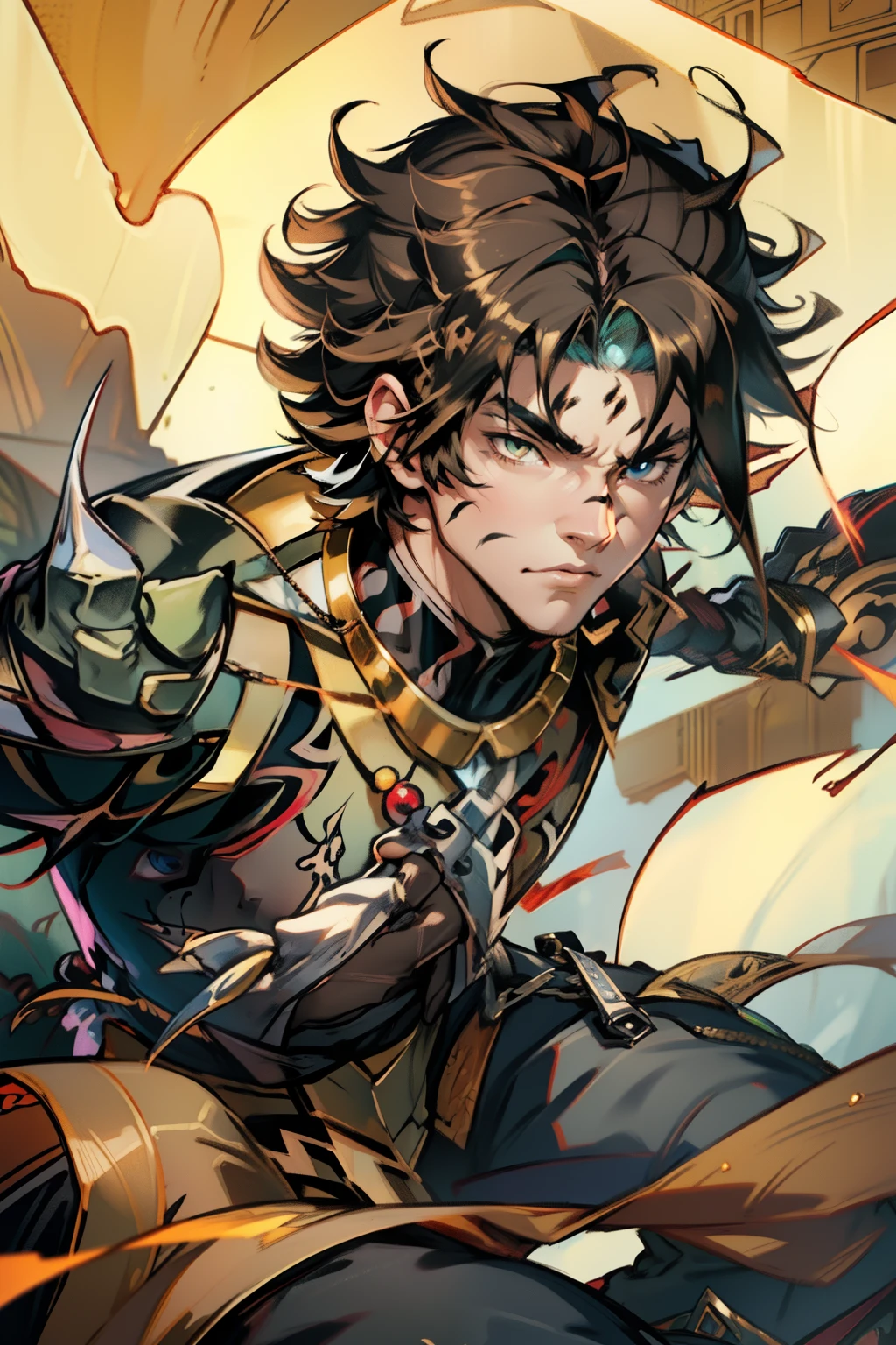 《the original god》Arataki Kazuto , male people,,((Masterpiece)), ((Best quality)), Ultra detailed,((illustration)), Dynamic Angle, Detailed light, (Delicate eyes), Floating, 1boy, Male focus, Head, Clothing, Yellow eyes, necklace, tattoo, (Forehead:0.8), (ahoge:0.8), jewelry, apathy,Ray, chest muscle, Sexy , Venom symbiote for your body, Black mucus of the body , (into venom), Venom,frontage,style of anime4 K, 4K anime wallpaper, Badass anime 8 K, 4 k comic wallpaper, young anime man, Anime boys, Anime wallpapers 4 k, Anime wallpaper 4K, High quality anime art style, Anime moe art style, Anime art wallpaper 8 K, Anime art wallpaper 4 K, RGB lighting